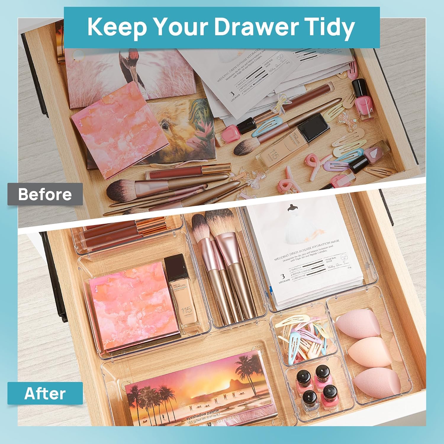 Vtopmart 25 PCS Clear Plastic Drawer Organizers Set, 4-Size Versatile Bathroom and Vanity Drawer