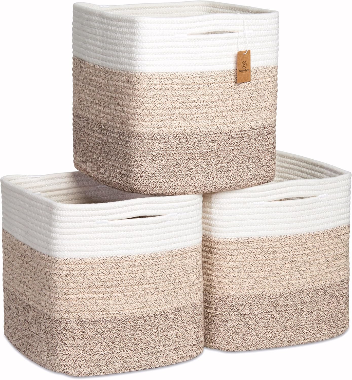 NaturalCozy Storage Cubes 11 Inch Cotton Rope Woven Baskets for Organizing, 3-Pack | Cube Storage