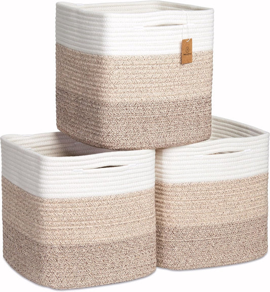 NaturalCozy Storage Cubes 11 Inch Cotton Rope Woven Baskets for Organizing, 3-Pack | Cube Storage