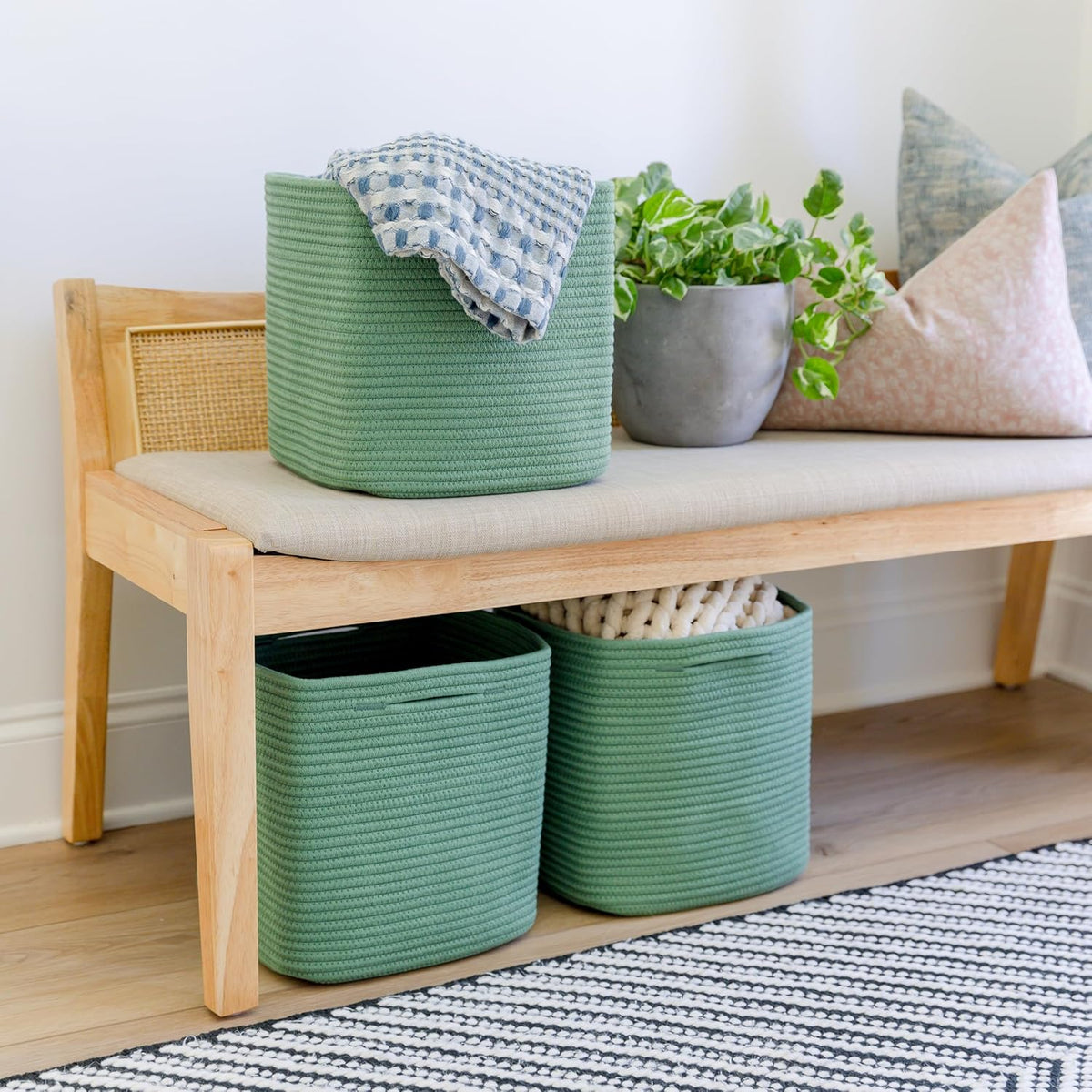 NaturalCozy Storage Cubes 11 Inch Cotton Rope Woven Baskets for Organizing, 3-Pack | Cube Storage