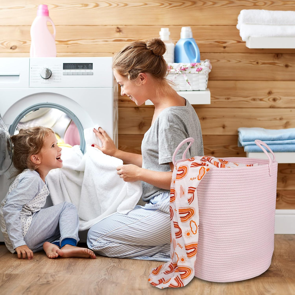 Cotton Rope Laundry Basket Hamper for Girls Kids Baby Nursery Hamper Bin Woven Storage Basket for