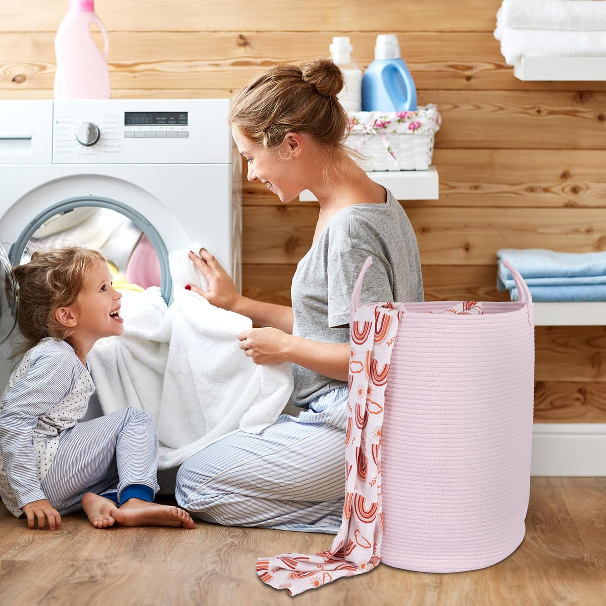Cotton Rope Laundry Basket Hamper for Clothes Woven Storage Basket for Living Room Bedroom Boho