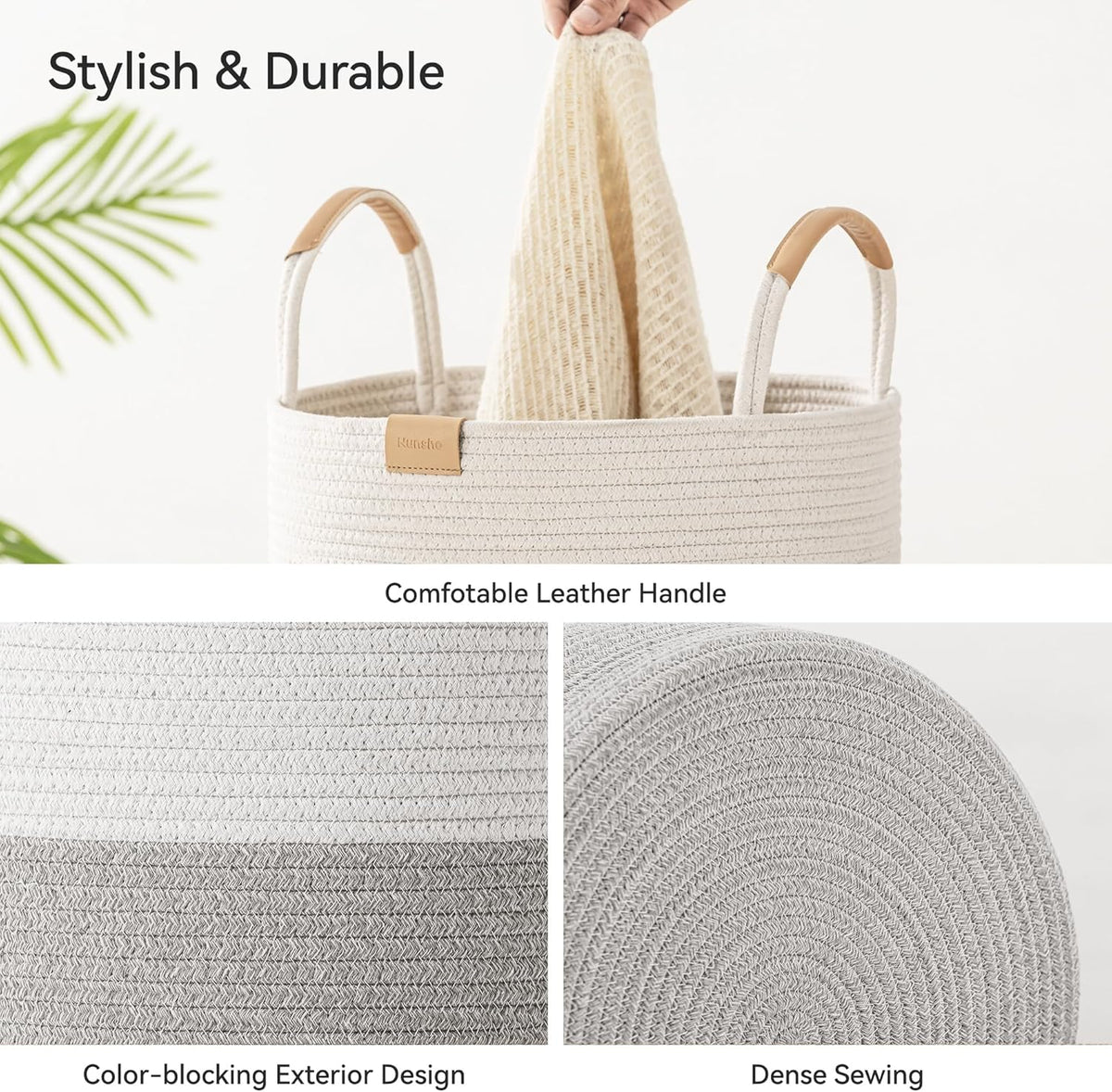 62L Striped Laundry Hamper with Leather Handles,Large Foldable Laundry Basket for Clothes,Cotton