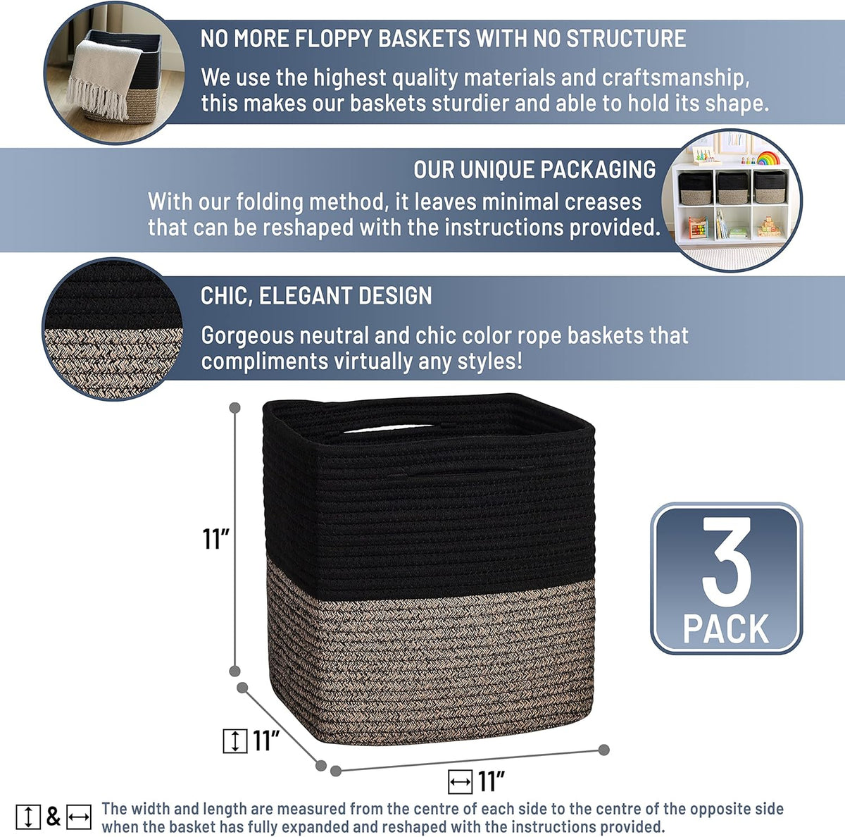 NaturalCozy Storage Cubes 11 Inch Cotton Rope Woven Baskets for Organizing, 3-Pack | Cube Storage