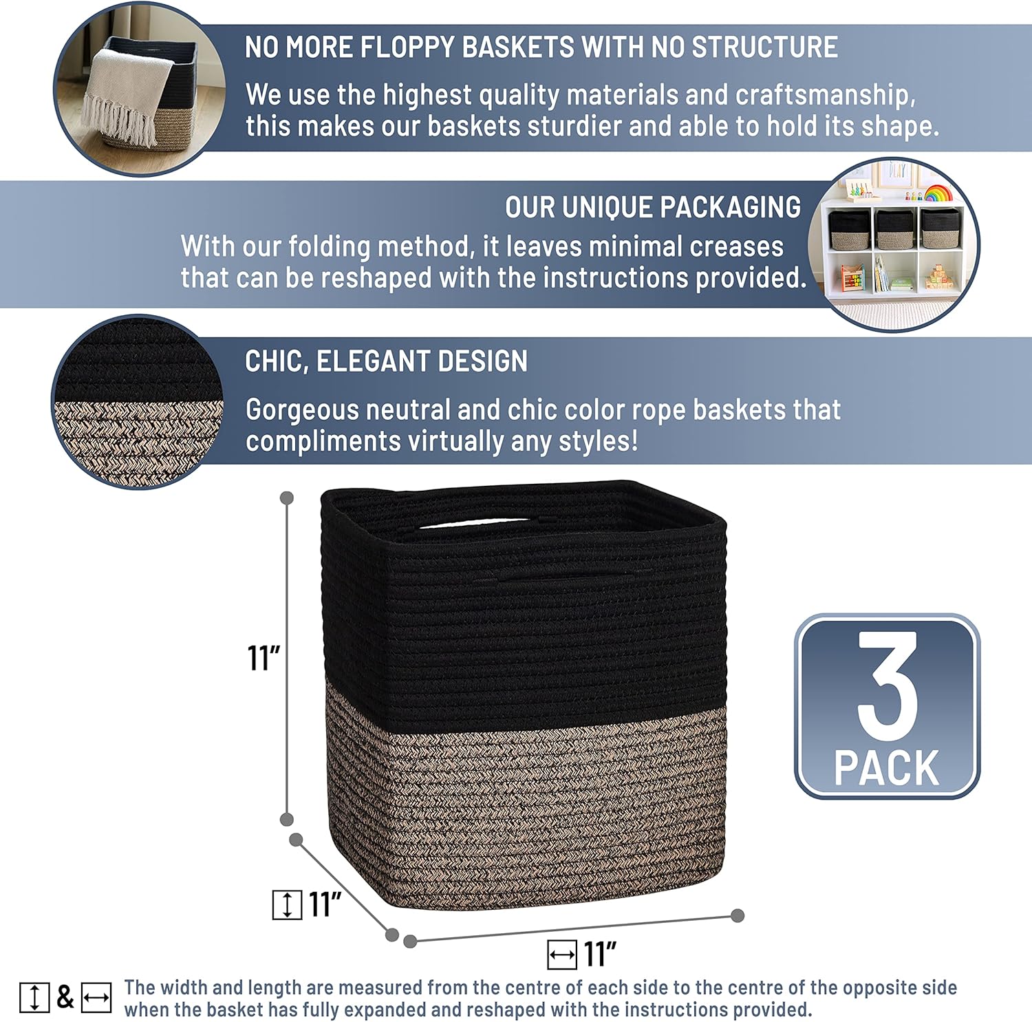 NaturalCozy Storage Cubes 11 Inch Cotton Rope Woven Baskets for Organizing, 3-Pack | Cube Storage