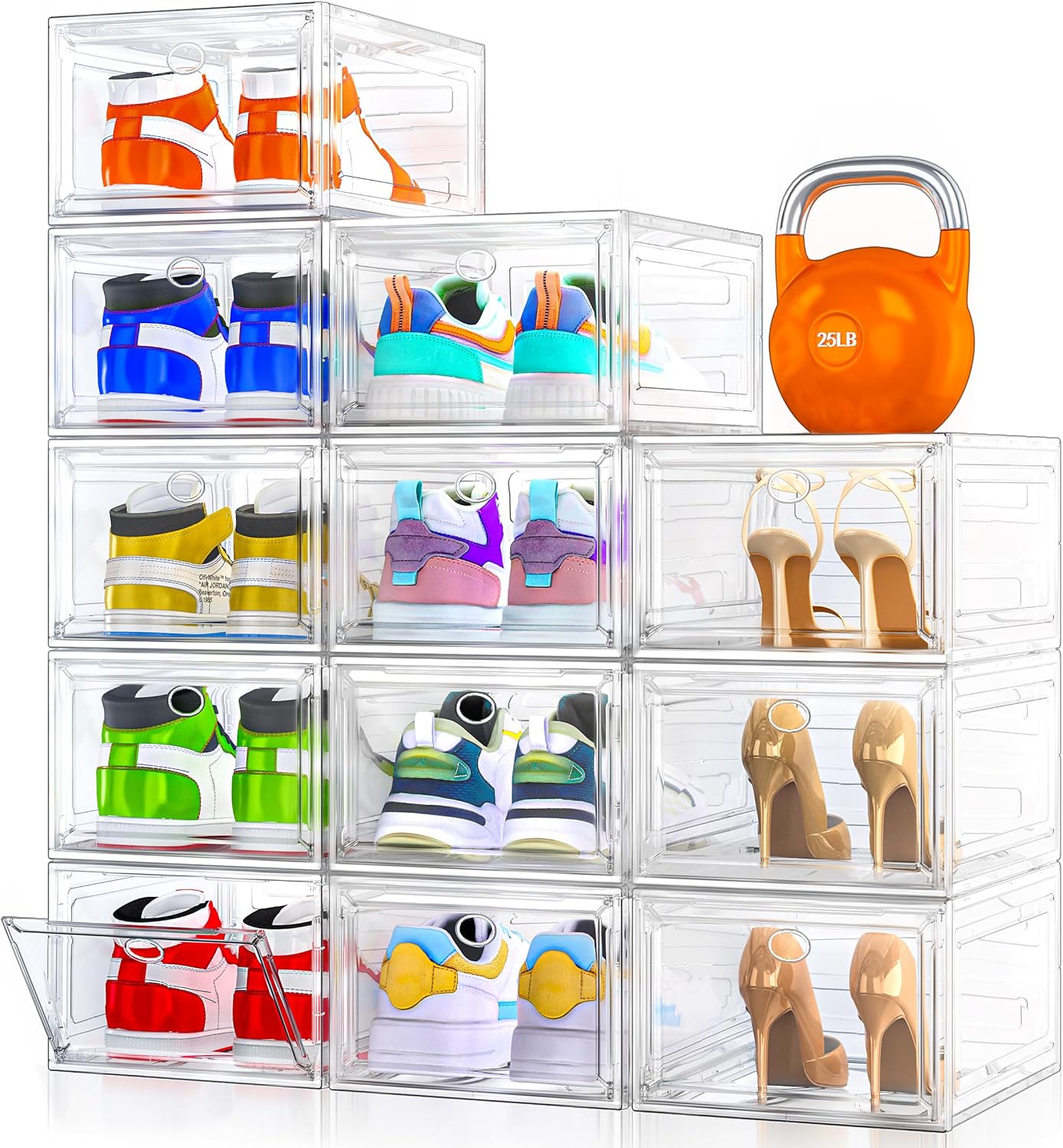 12 Pack Clear Shoe Storage Organizer with Magnetic Door,Stackable Plastic Shoe Boxes for