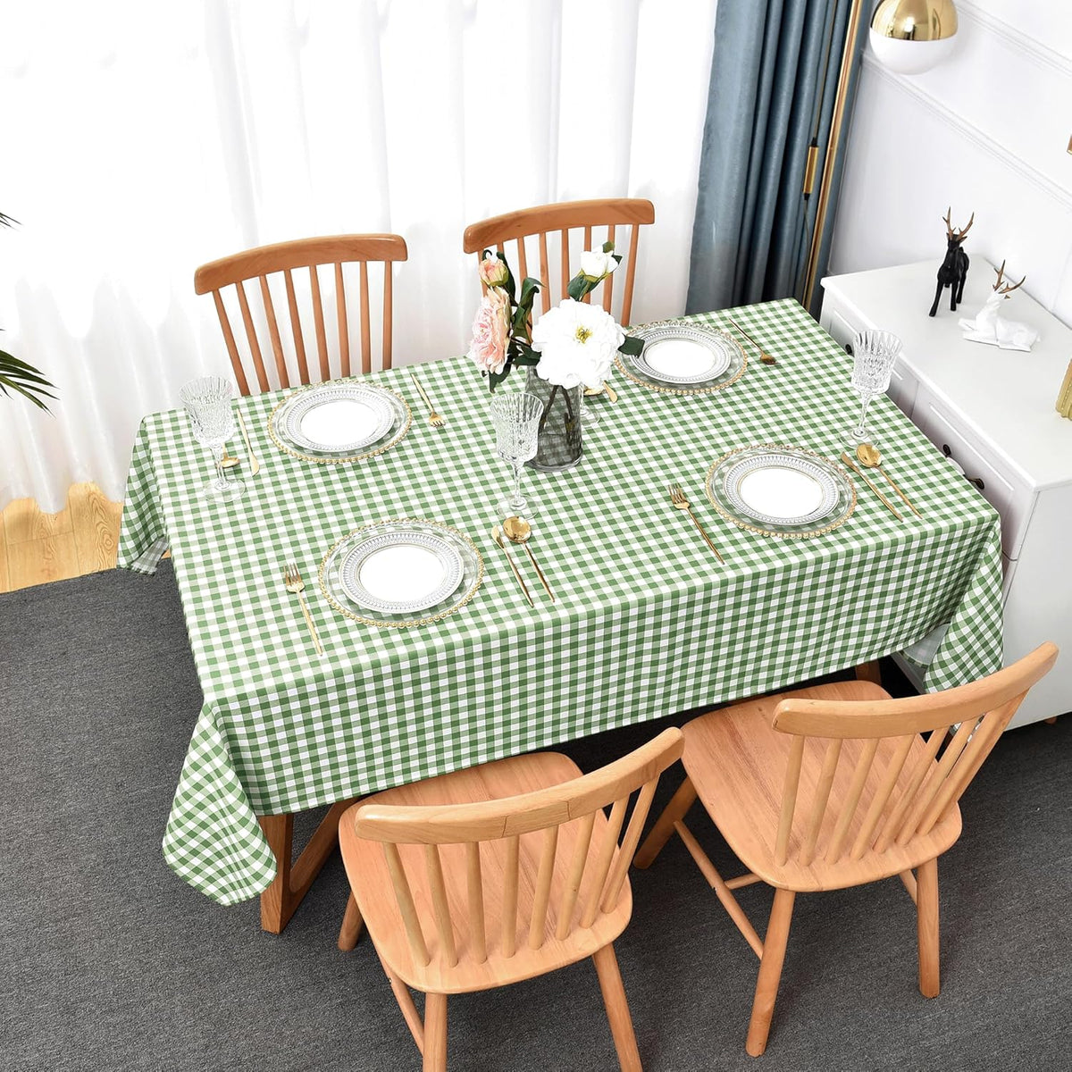 Classic Gingham Tablecloth Fabric - Oblong 58x120 Water Resistant Chequered Pattern Table Cloth for