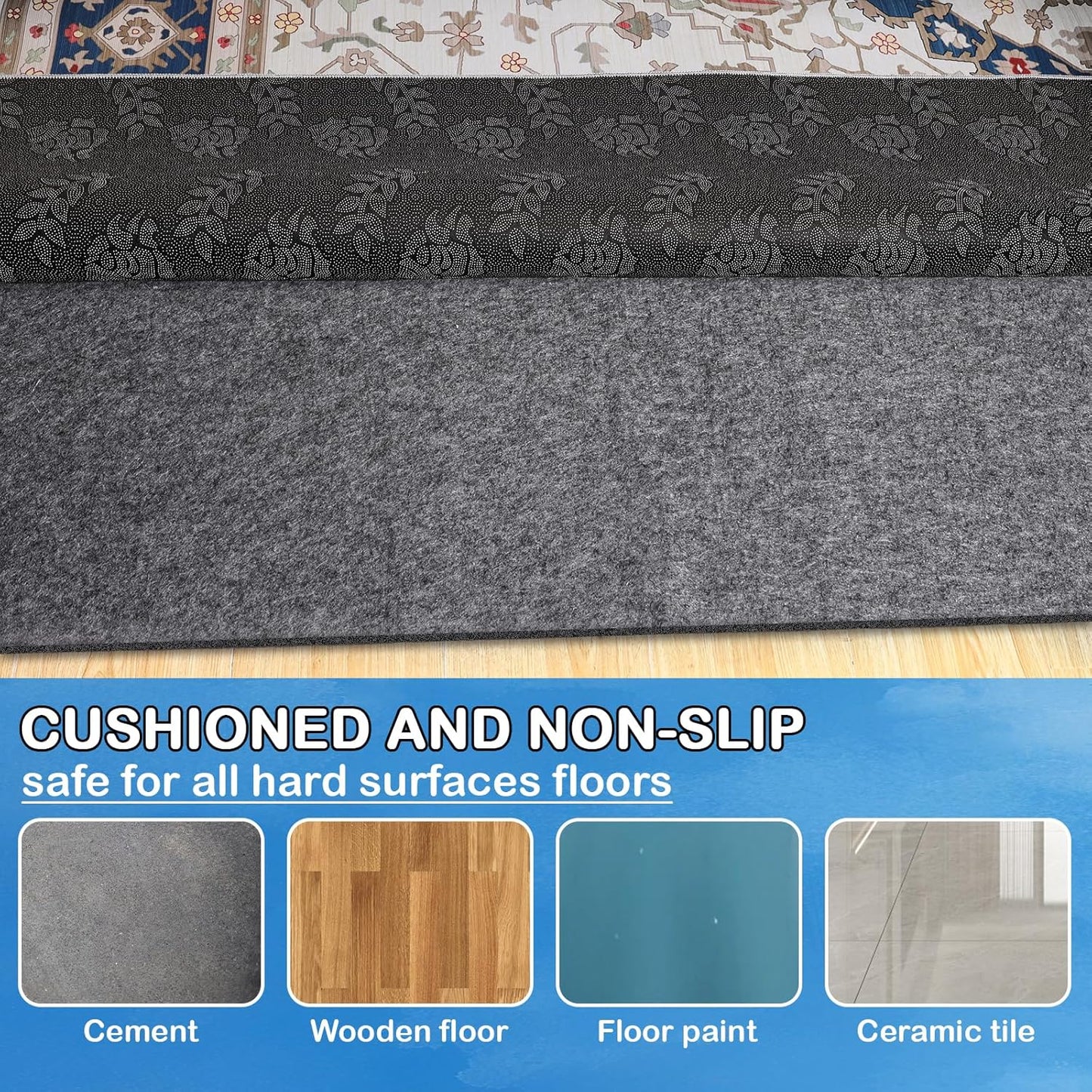 Non-Slip Rug Pads 1/4” Thick, 2x8Ft Waterproof Rugs Non Skid Rug Pad for All Floors and Finishes