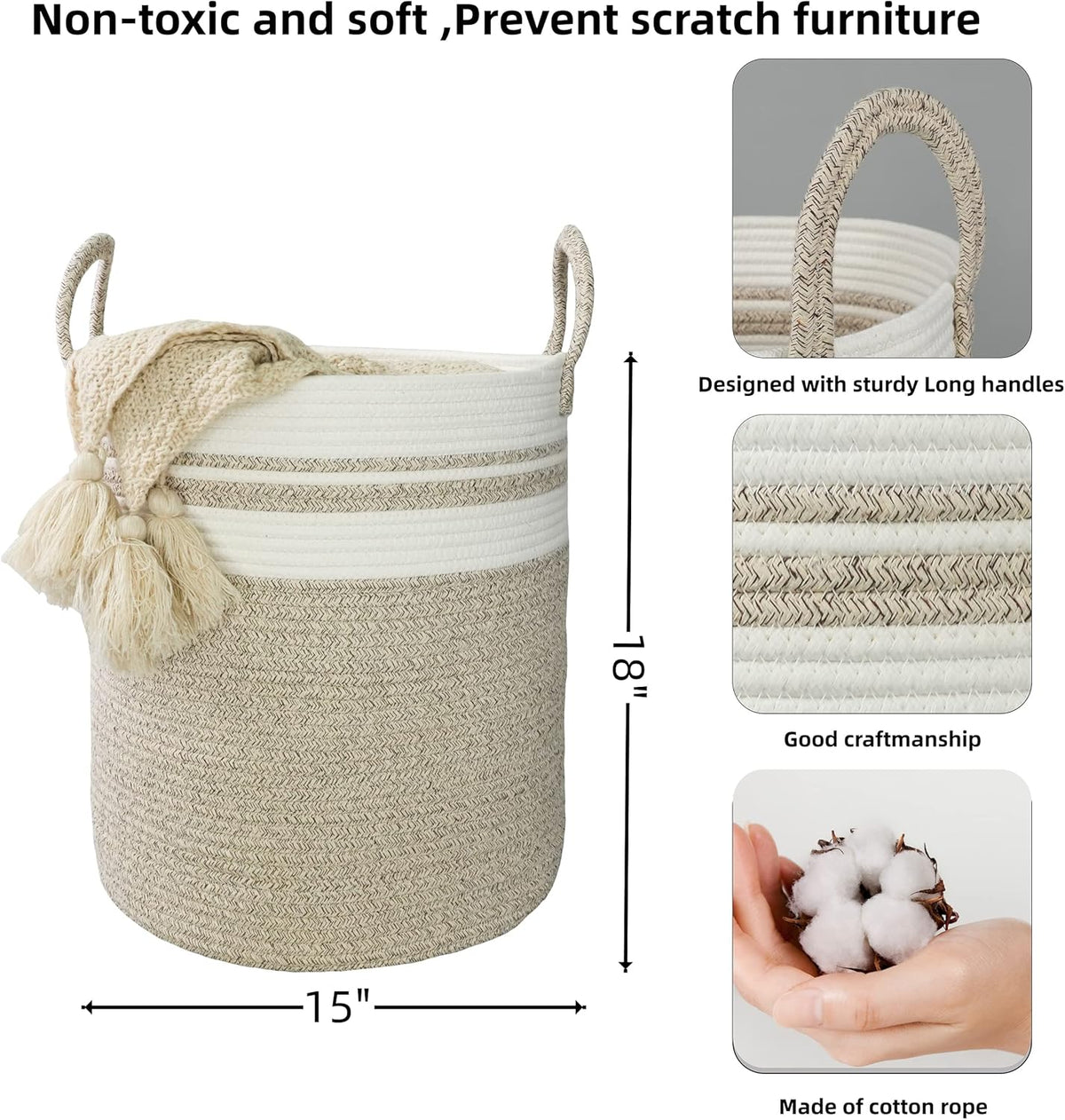 Cotton Rope Laundry Basket Hamper for Clothes Woven Storage Basket for Living Room Bedroom Boho