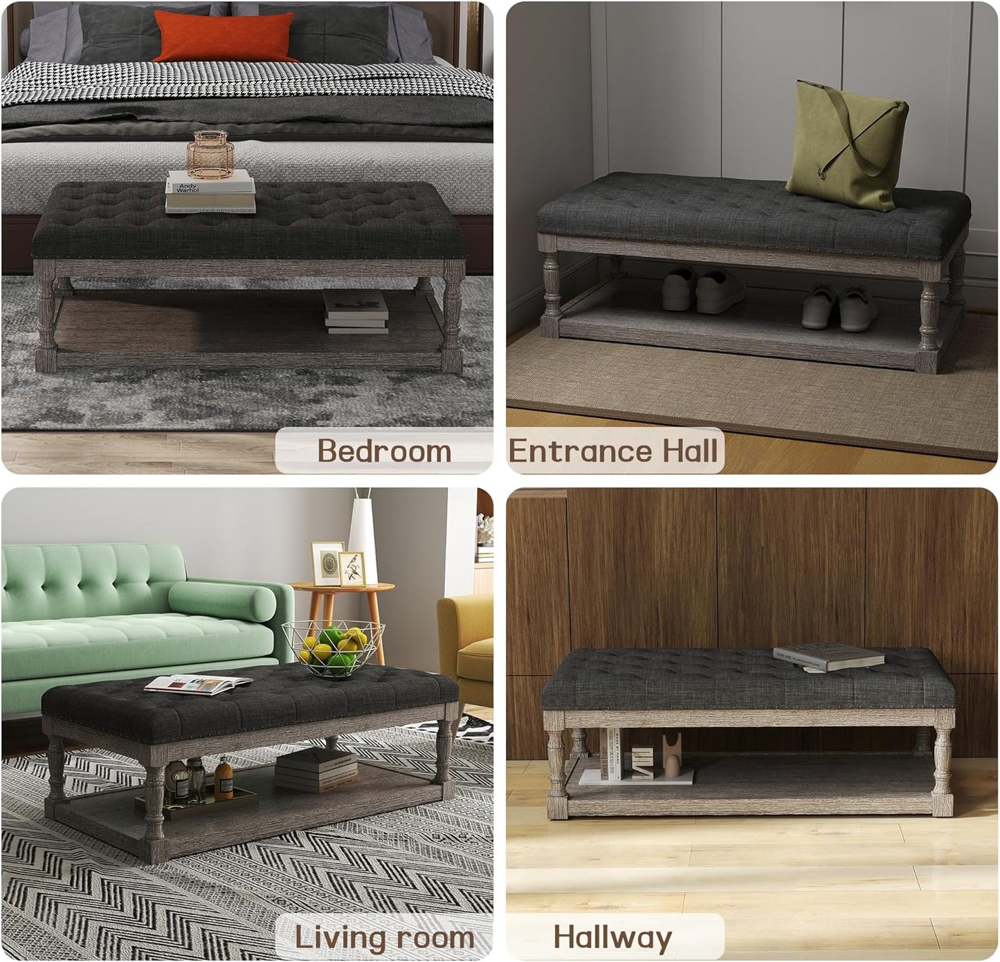 48" Large Ottoman with Storage Coffee Table, Upholstered Tufted Linen Ottoman Bench with Solid Wood