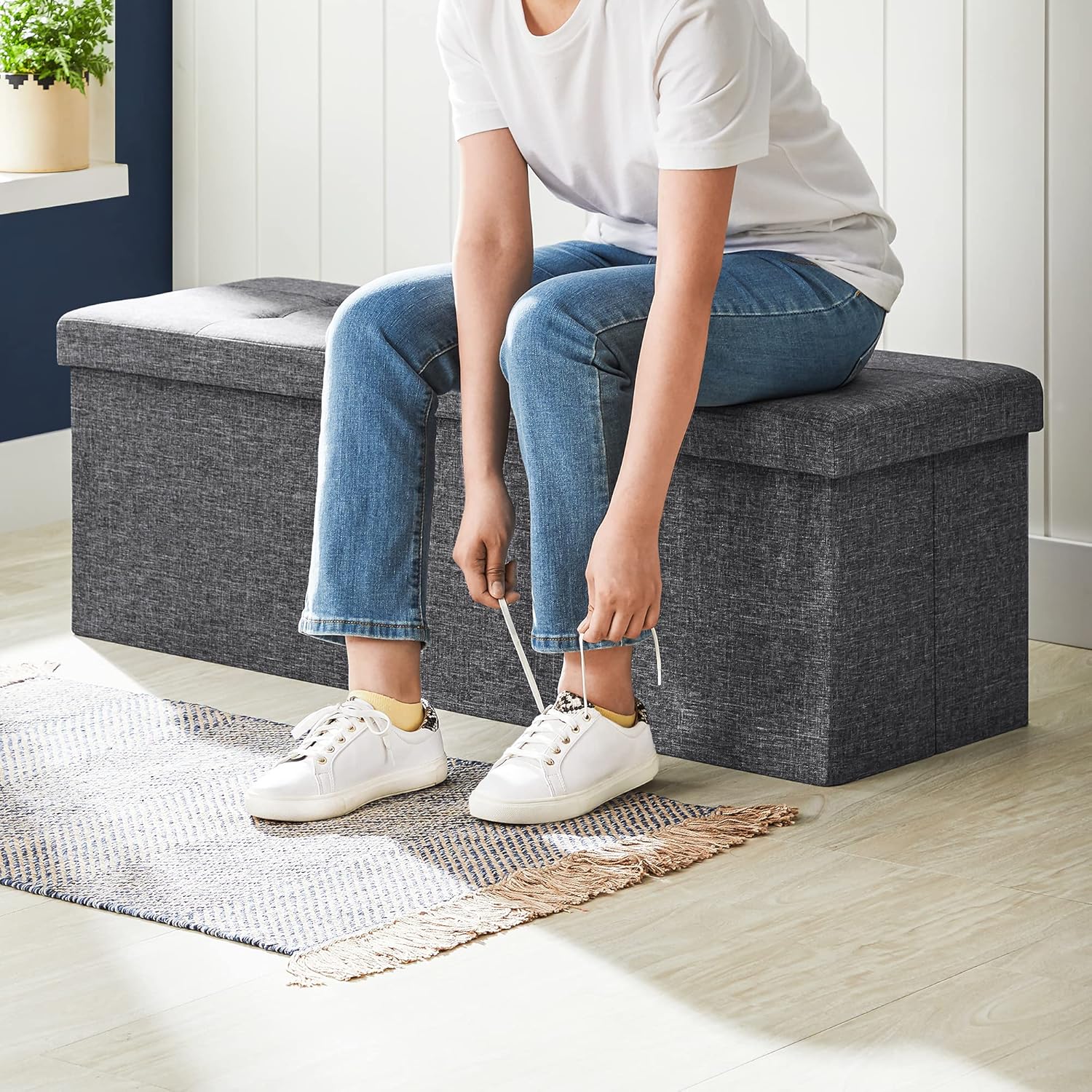 SONGMICS MAZIE Collection - 43 Inches Storage Ottoman, Foldable Storage Bench with Flipping Lid