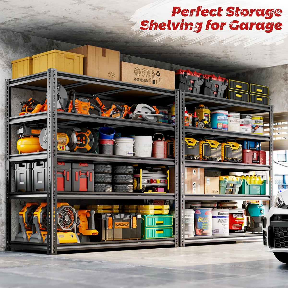 48"W Garage Shelving, 3050LBS Storage Shelves Heavy Duty, 5 Tier Metal Shelving Unit Adjustable