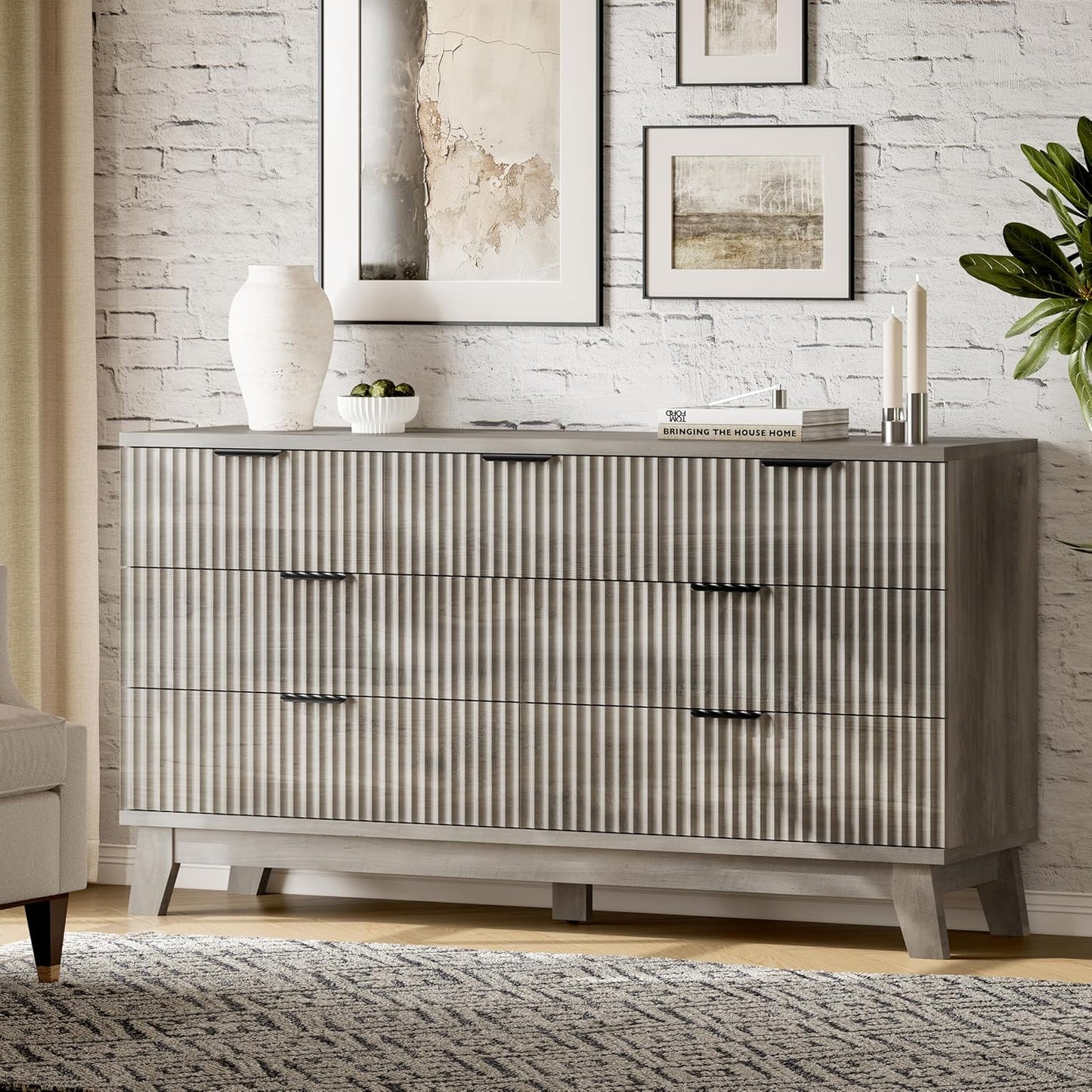 Fluted Dresser with 7 Drawers, 58" Wide Modern Chest of Drawers with Metal Handle, Wooden Dresser