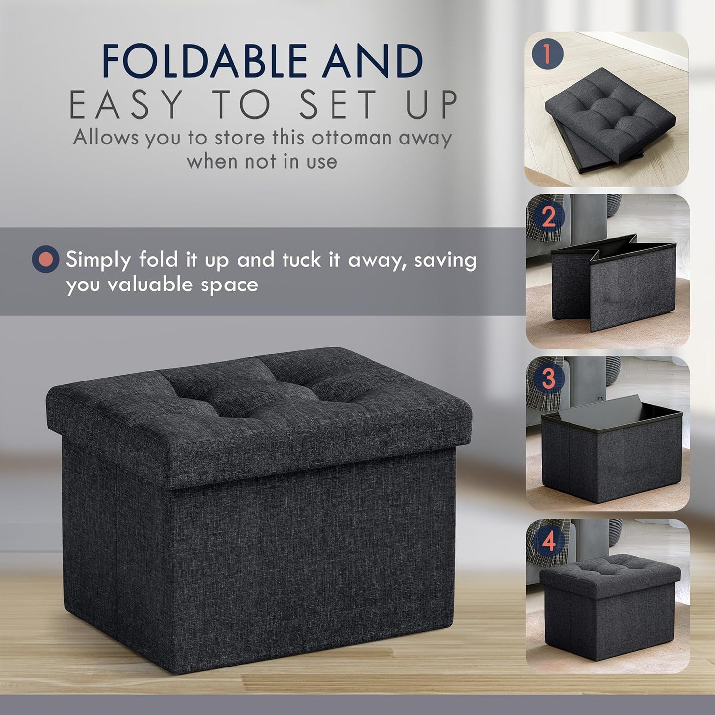 Ornavo Home Small Storage Ottoman Foldable Collapsible Rectangle Linen Ottoman Foot Rest Stool