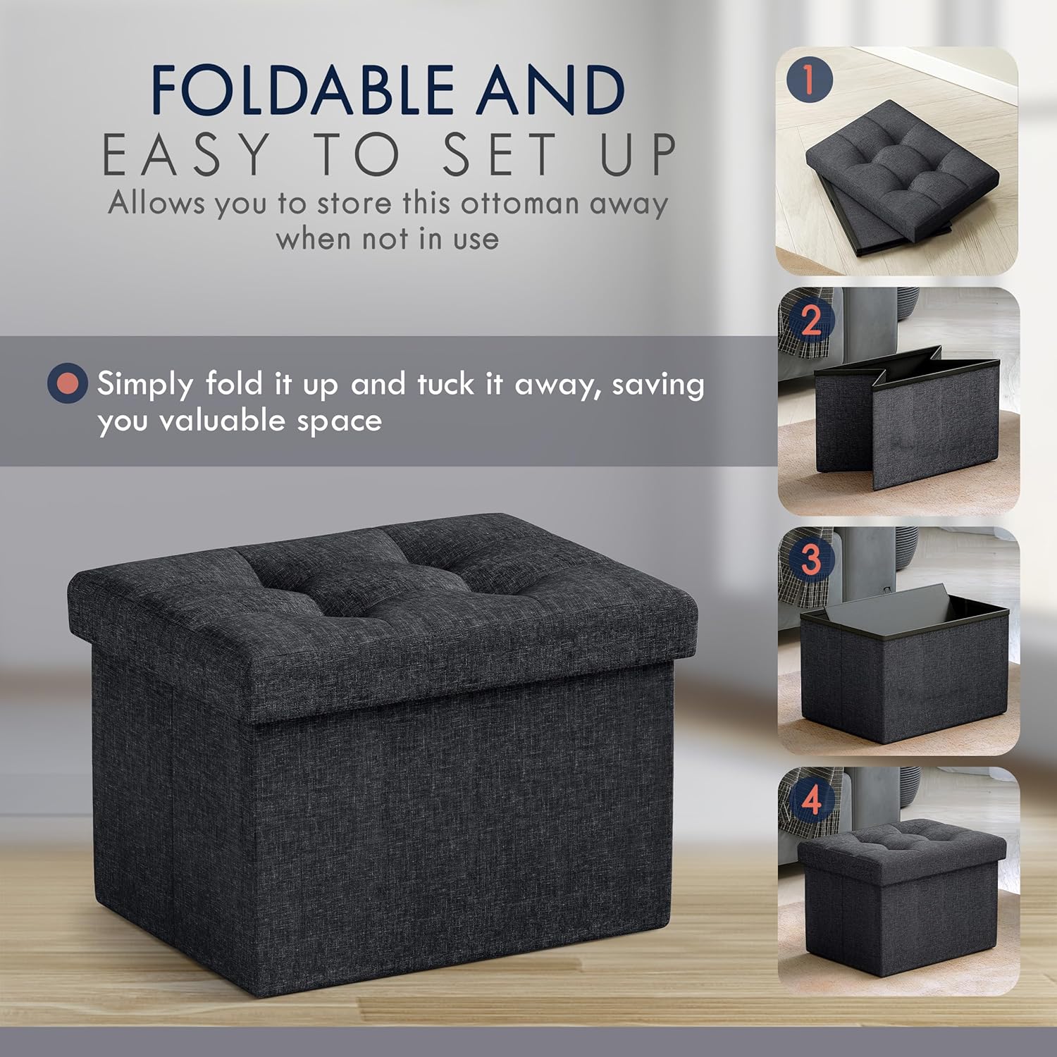 Ornavo Home Small Storage Ottoman Foldable Collapsible Rectangle Linen Ottoman Foot Rest Stool