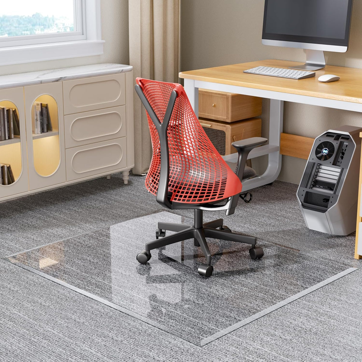 [Tempered Glass] 55“ x 46” Beveled Edge Glass Chair Mat with Polished Edge Clear Office Chair Mat