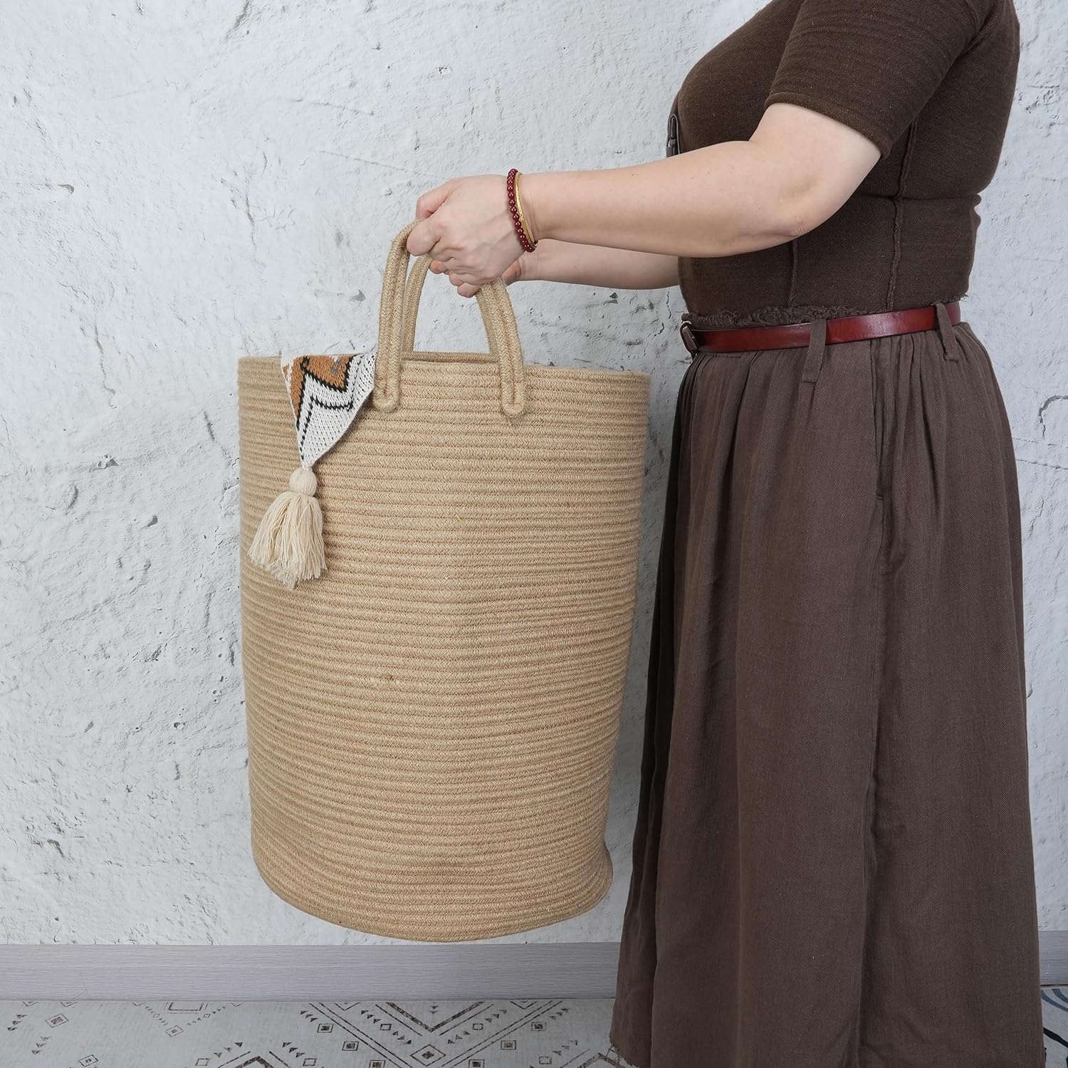 Cotton Rope Laundry Basket Hamper for Clothes Woven Storage Basket for Living Room Bedroom Boho