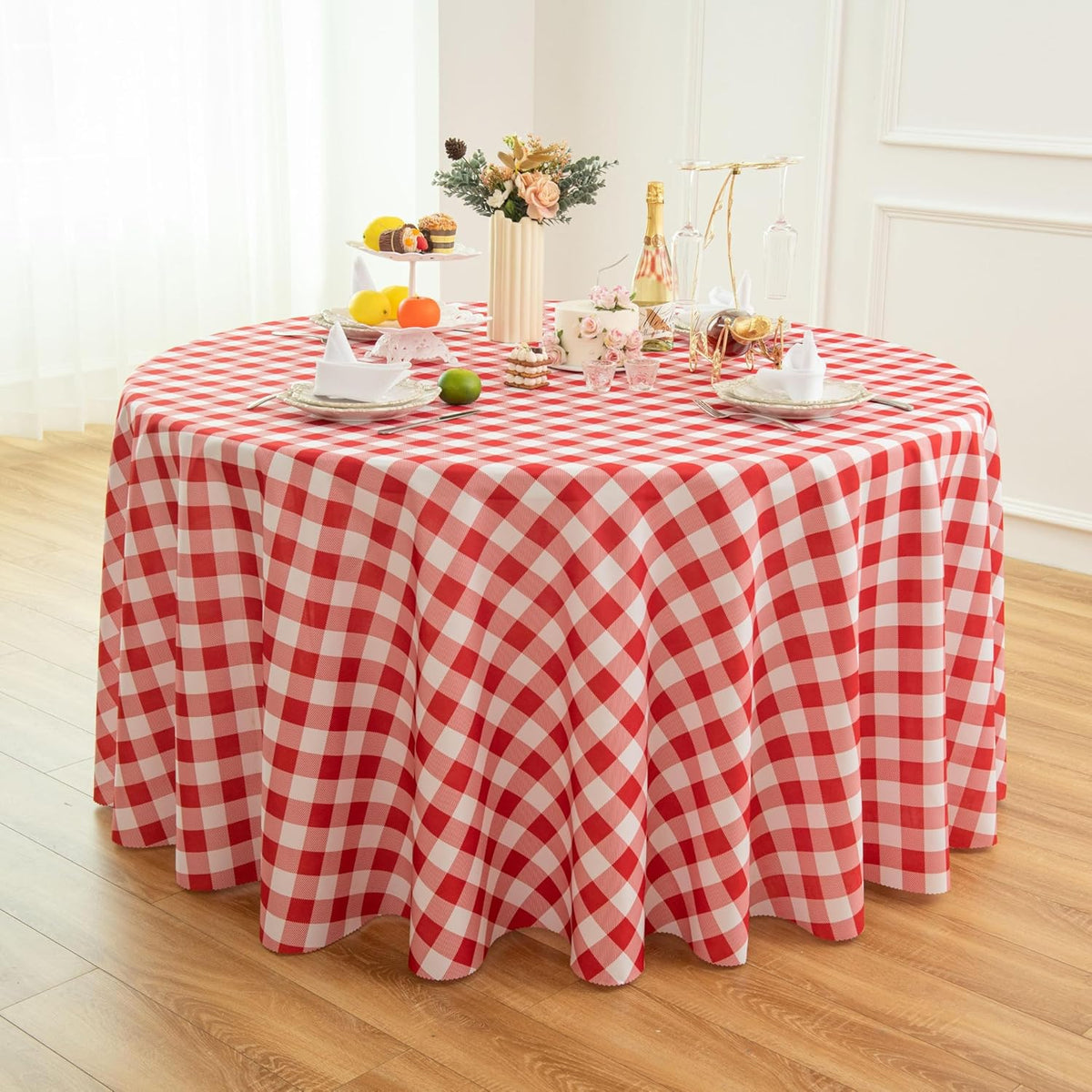 Waterproof Plaid Tablecloth Fabric - Round 108 Inch Classic Gingham Checker Table Cloth for