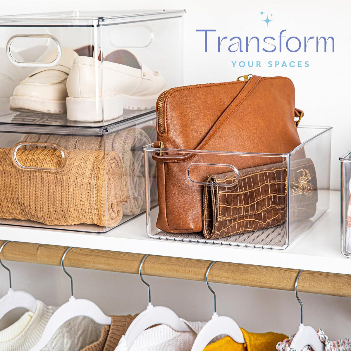 Plastic Food Storage 4 Pack Clear Container Bin with Handles for Organizing Kitchen, Pantry