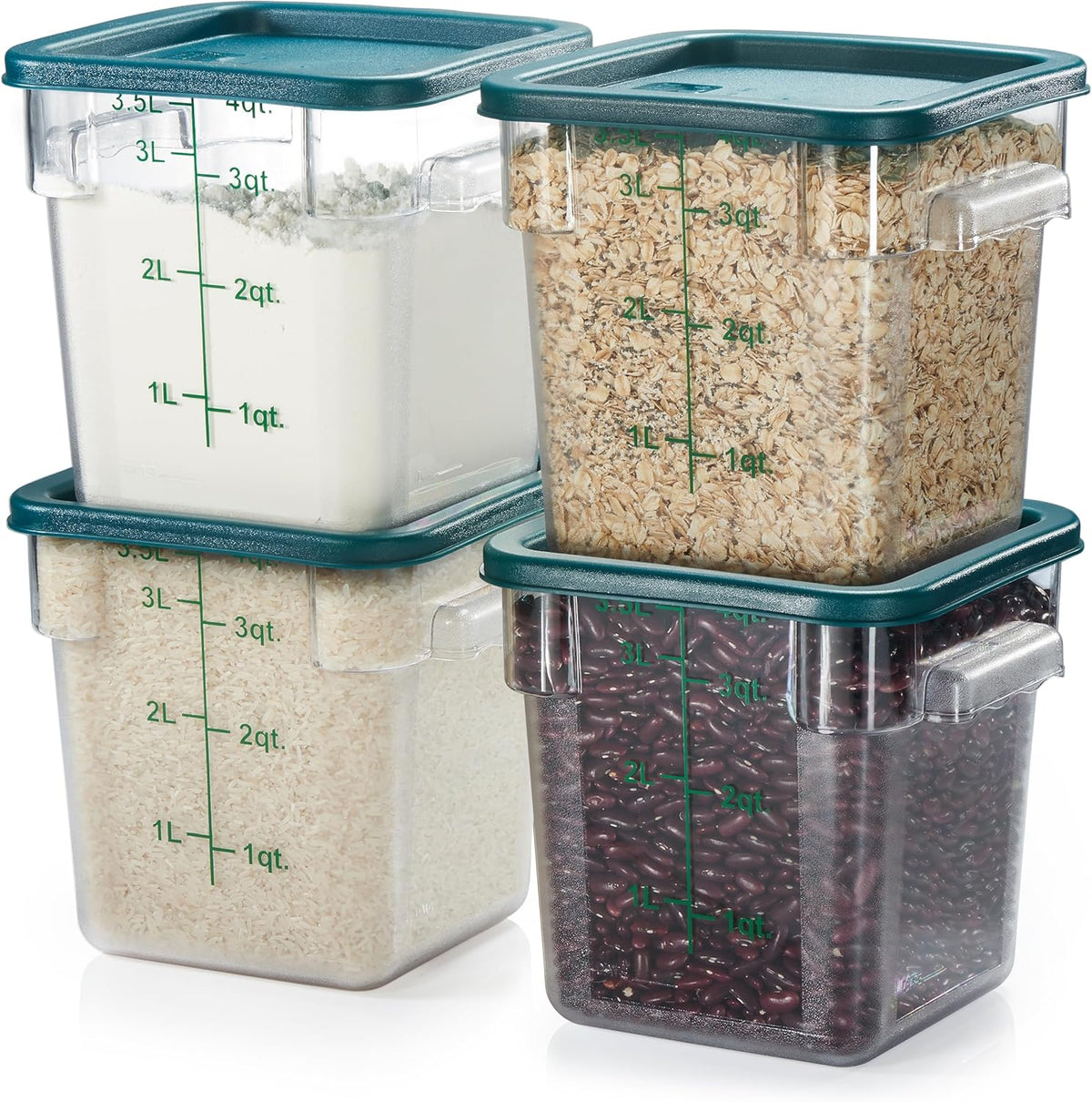 CURTA 4 Pack Food Storage Container with Green Lid - NSF Commercial Grade in 4.0 Qt - Square
