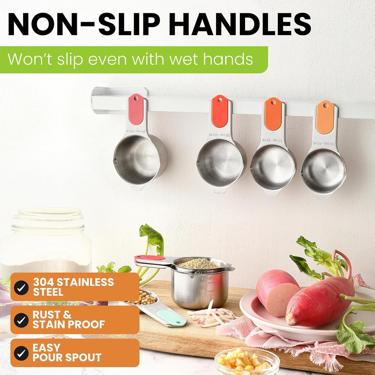 Spring Chef Magnetic Stainless Steel Measuring Cups, Patented, Kitchen Tools with Easy to Read