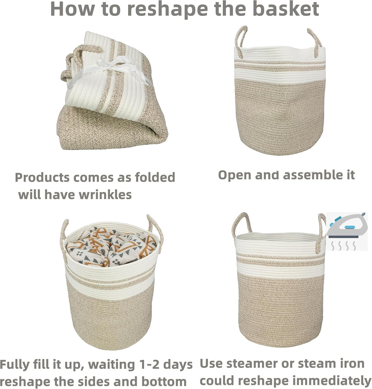 Cotton Rope Laundry Basket Hamper for Clothes Woven Storage Basket for Living Room Bedroom Boho
