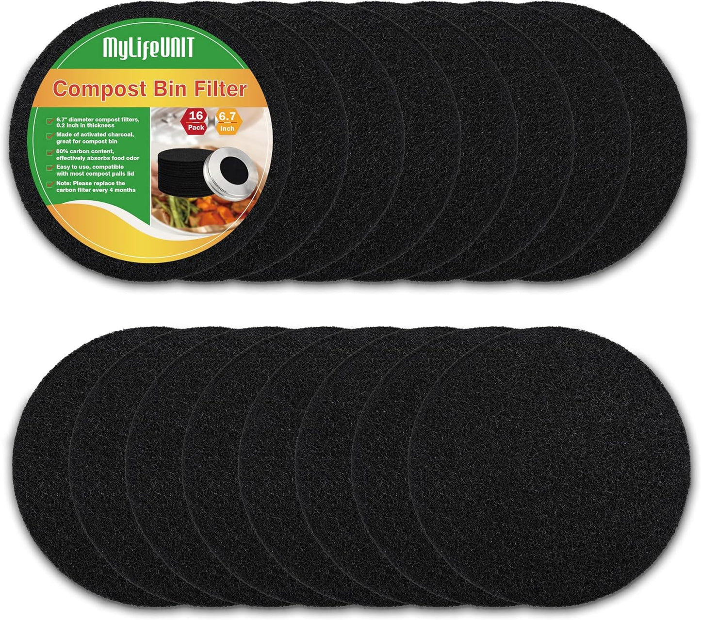 MyLifeUNIT 16 Pack Charcoal Filter for Compost Bin Kitchen, Compost Pail Replacements Filter (6.7