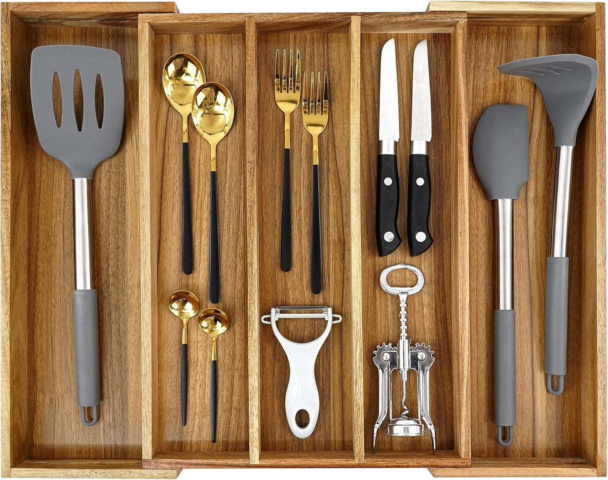 Luxury Acacia Silverware Organizer -Kitchen Drawer Organizer - Utensil Holder and Cutlery Organizer
