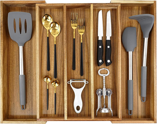 Luxury Acacia Silverware Organizer -Kitchen Drawer Organizer - Utensil Holder and Cutlery Organizer