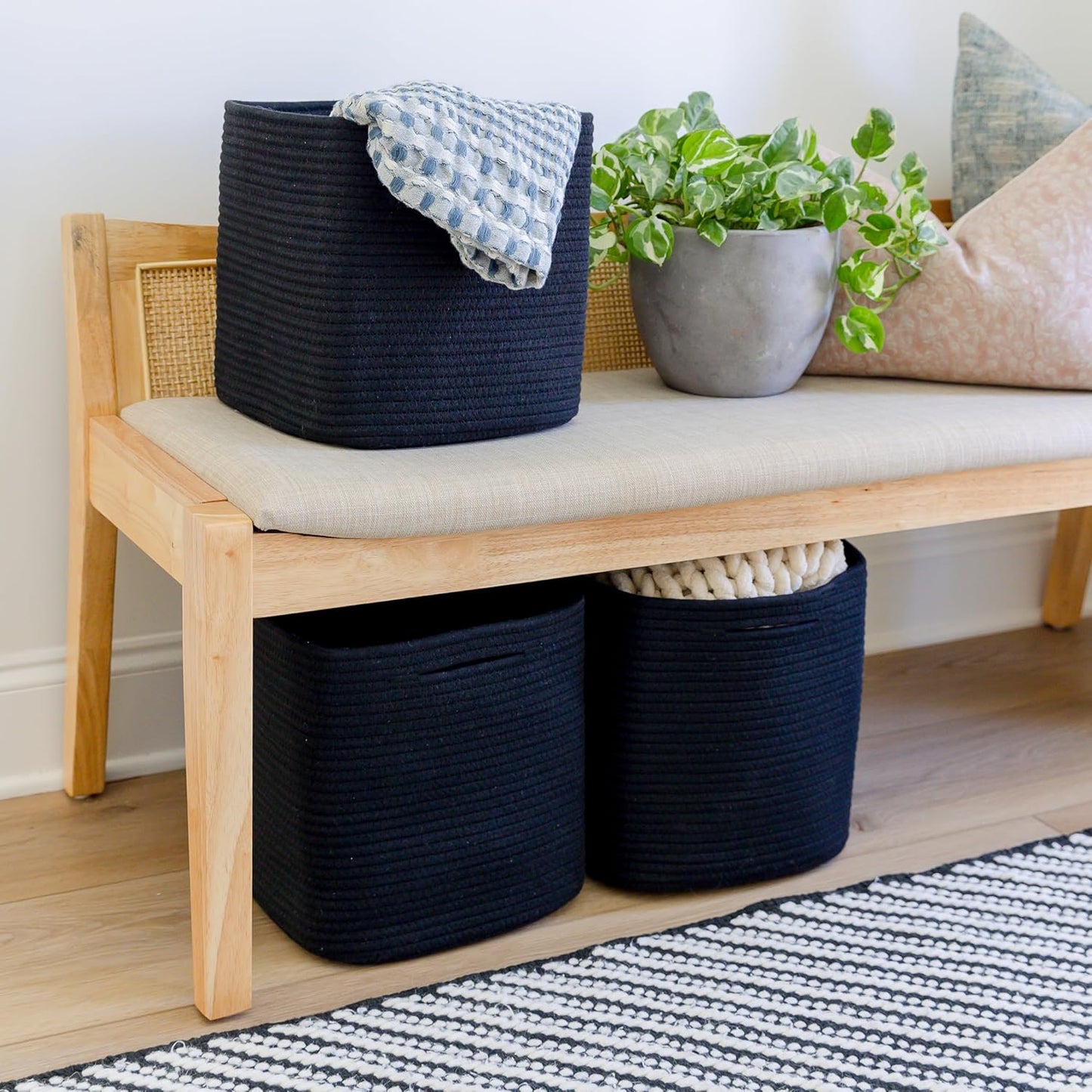 NaturalCozy Storage Cubes 11 Inch Cotton Rope Woven Baskets for Organizing, 3-Pack | Cube Storage