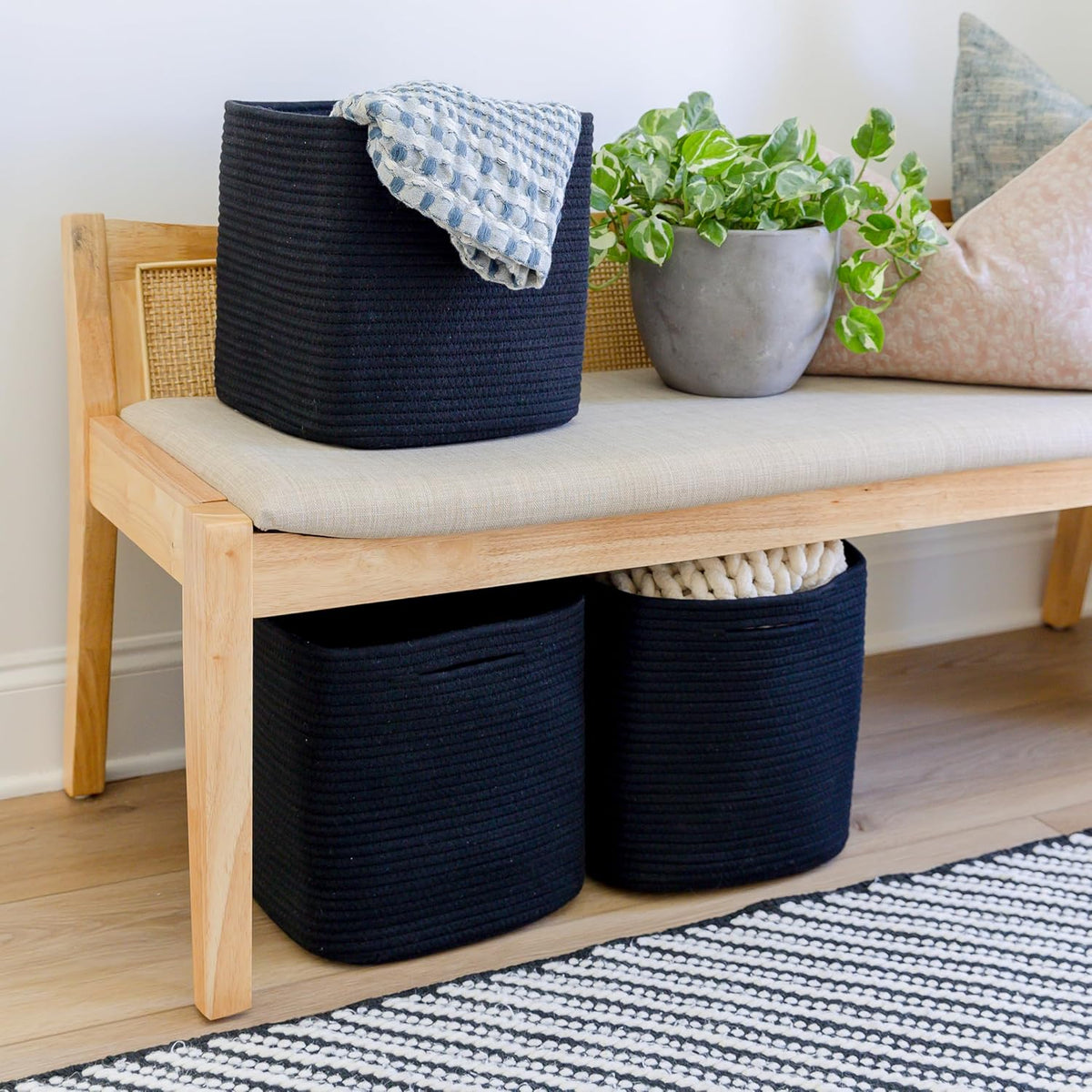 NaturalCozy Storage Cubes 11 Inch Cotton Rope Woven Baskets for Organizing, 3-Pack | Cube Storage