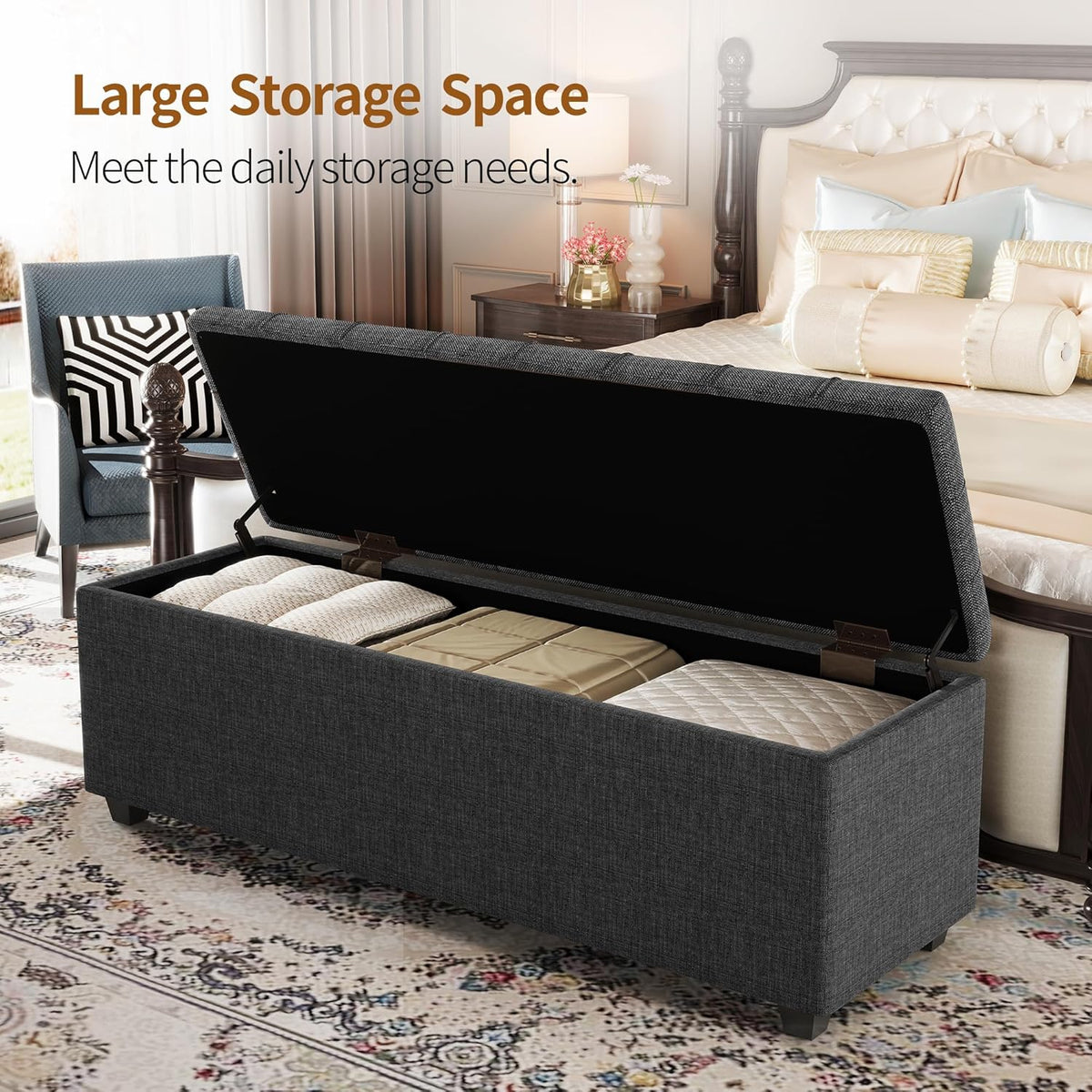 Ottoman with Storage 38 inches, Furniture End of Bed Storage Benches, Long Ottomans Bench with