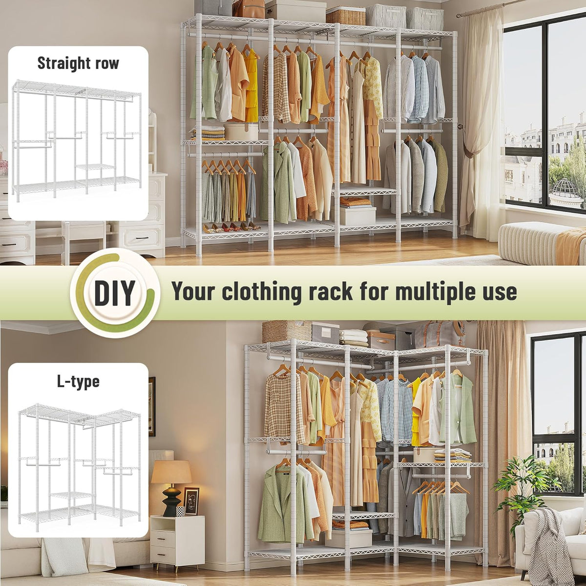 Raybee Heavy Duty Clothes Rack for Hanging Clothes,Clothing Rack with Shelves, Adjustable,76" W x