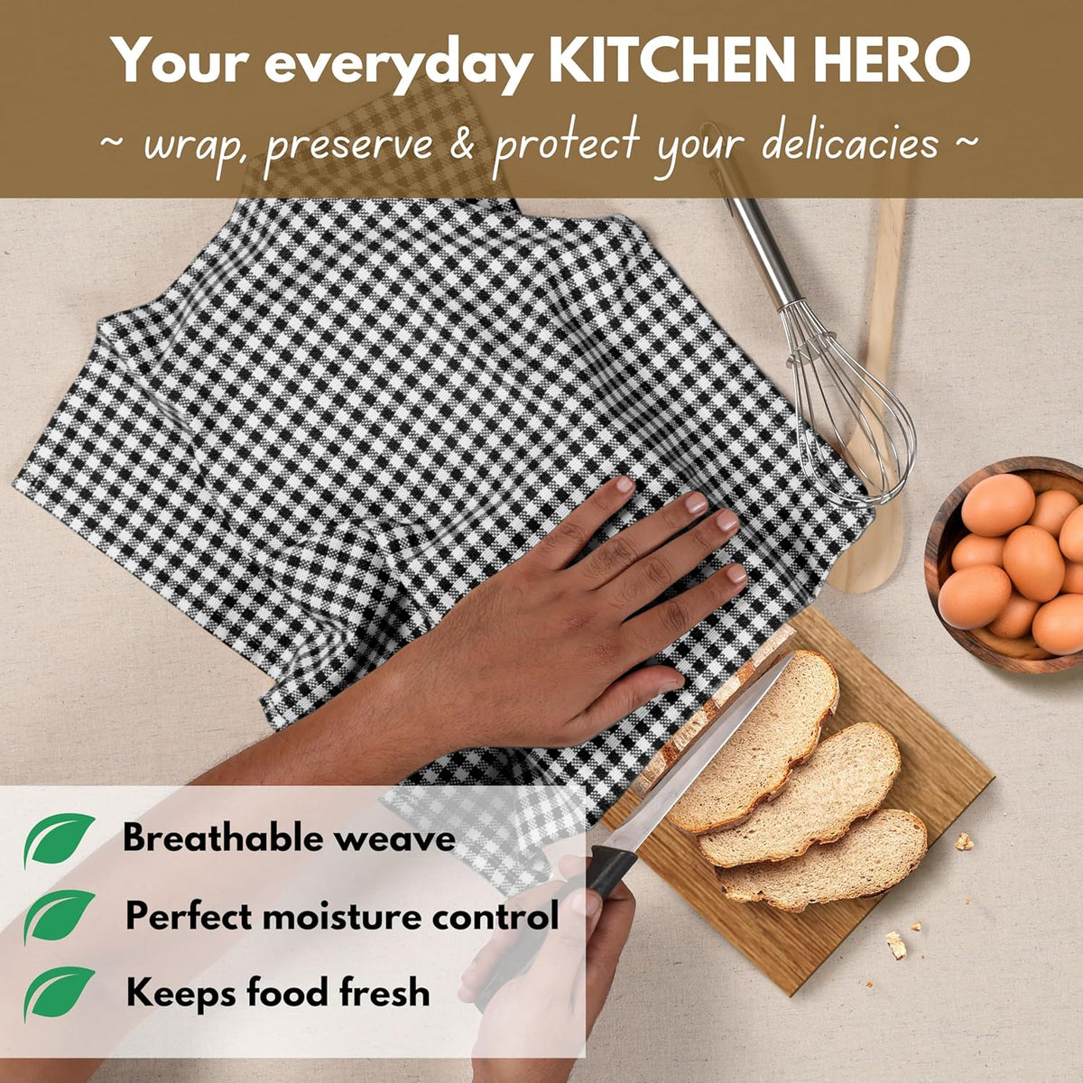 Native Fab Black Gingham Dish Towels 16"x26" Set of 12 - Cotton Mini Check Plaid Towels, Soft