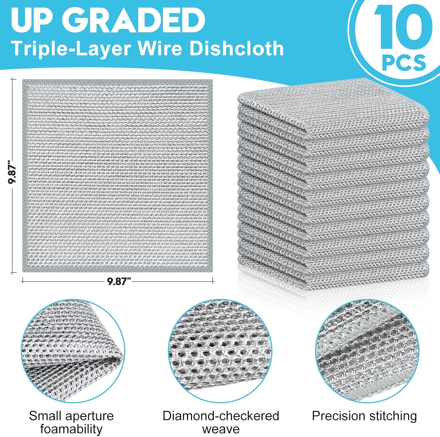 10 Pcs New Upgraded 3 Layers Non Scratch Wire Dishcloth, Multipurpose Wire Steel Wool Scrubber, Wet