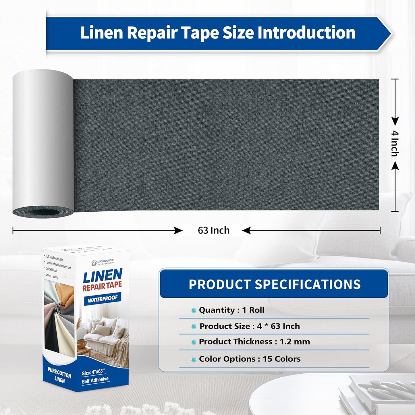 KING MOUNTAIN Linen Repair Patches, Self-Adhesive Fabric Patches, 4 X 63 inch Extra Size, Multi
