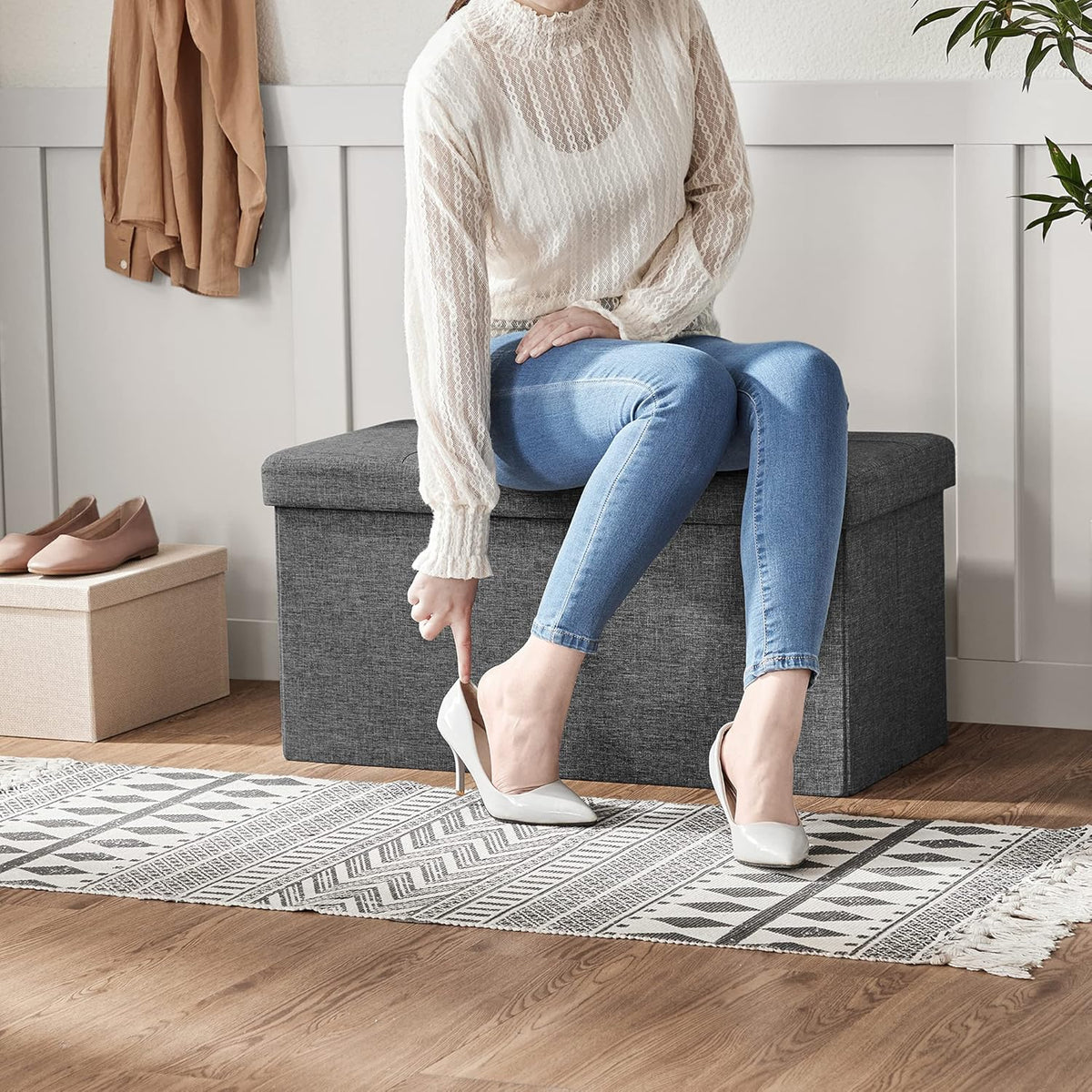 SONGMICS MAZIE Collection - 30 Inches Storage Ottoman, Foldable Storage Bench with Flipping Lid