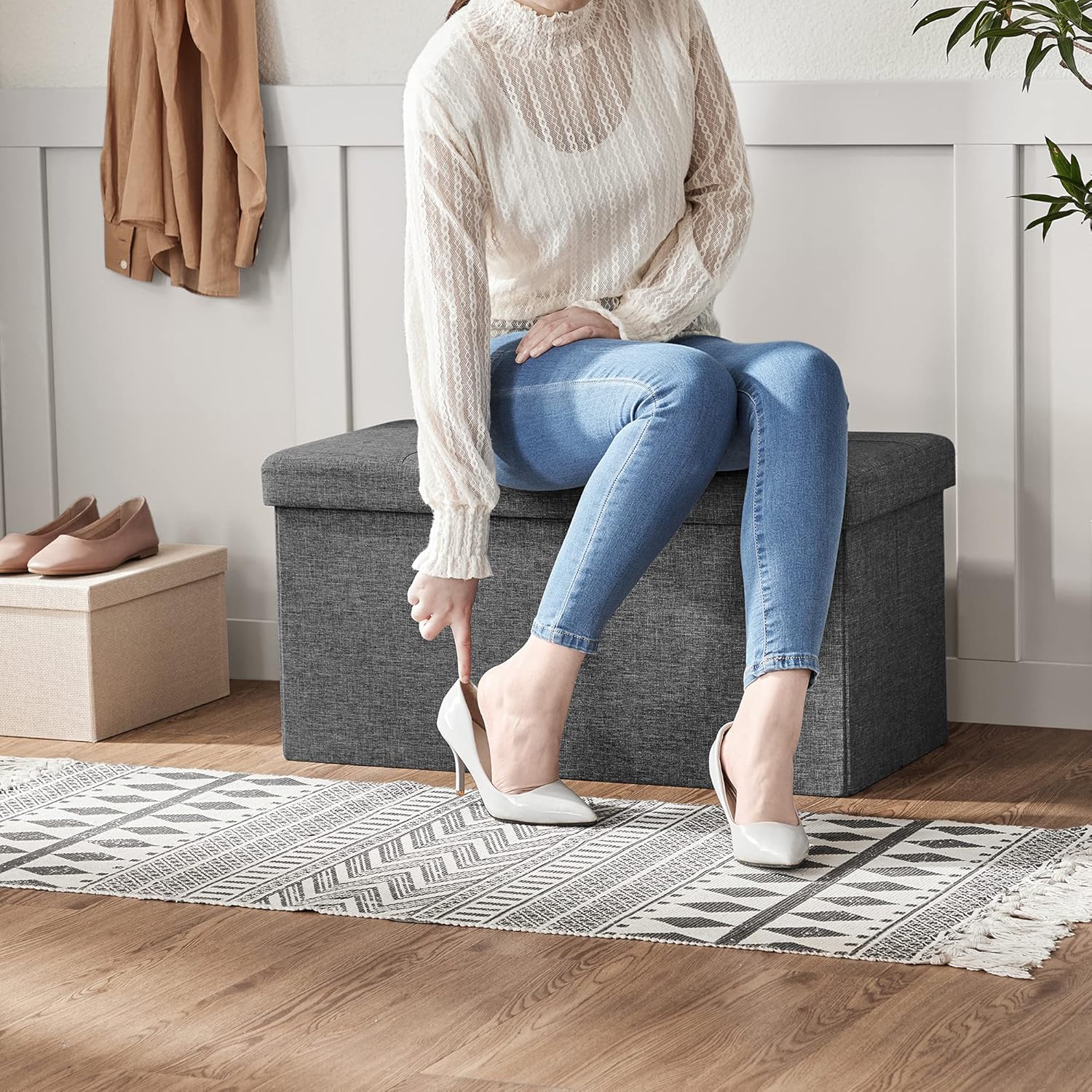 SONGMICS MAZIE Collection - 30 Inches Storage Ottoman, Foldable Storage Bench with Flipping Lid