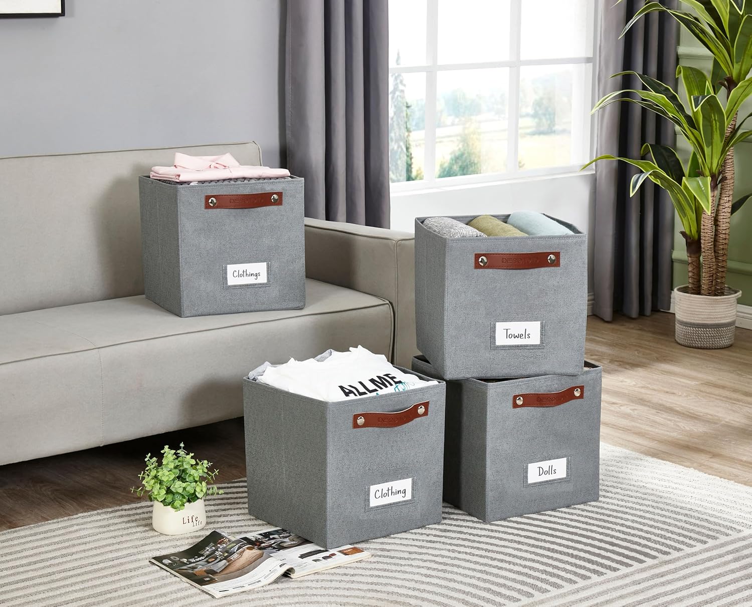 DECOMOMO Storage Bins, Cube Storage Bin with Labels, Fabric Storage Cubes for Shelves (11" / 6pcs