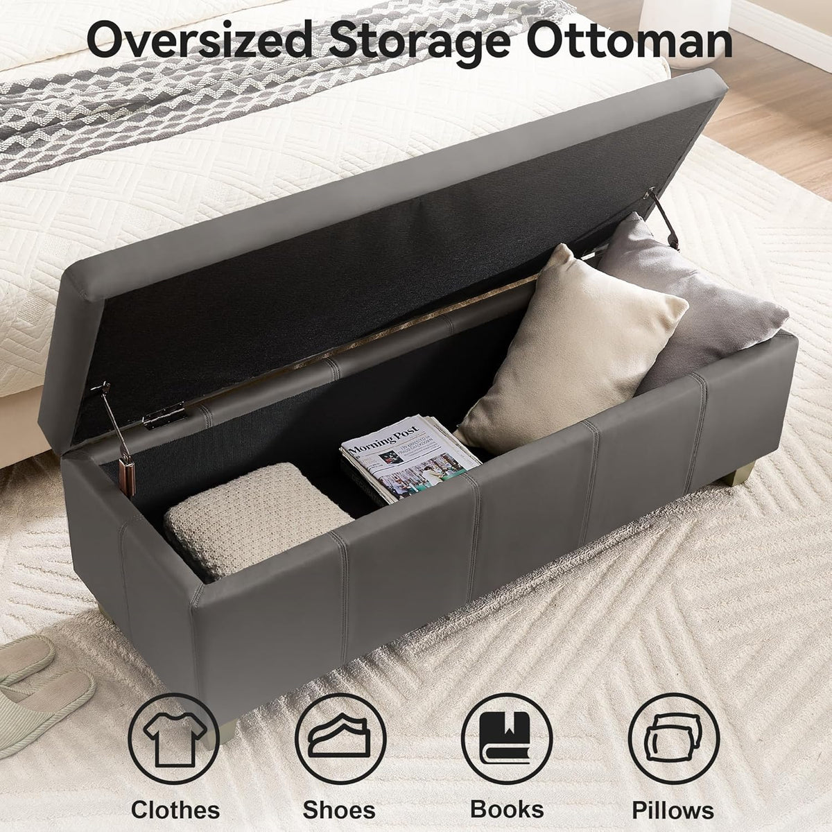 51" Faux Leather Storage Ottoman, Stitch Tufted Rectangle Upholstered End of Bed Storage Bench