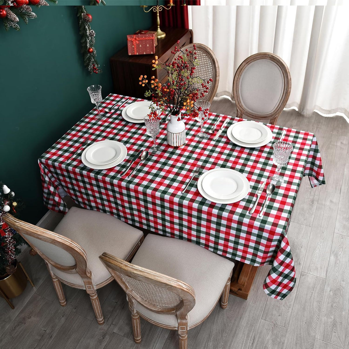 Gingham Xmas Tablecloth Fabric - Oblong 58x120 Water Resistant Christmas Plaid Table Cloth for