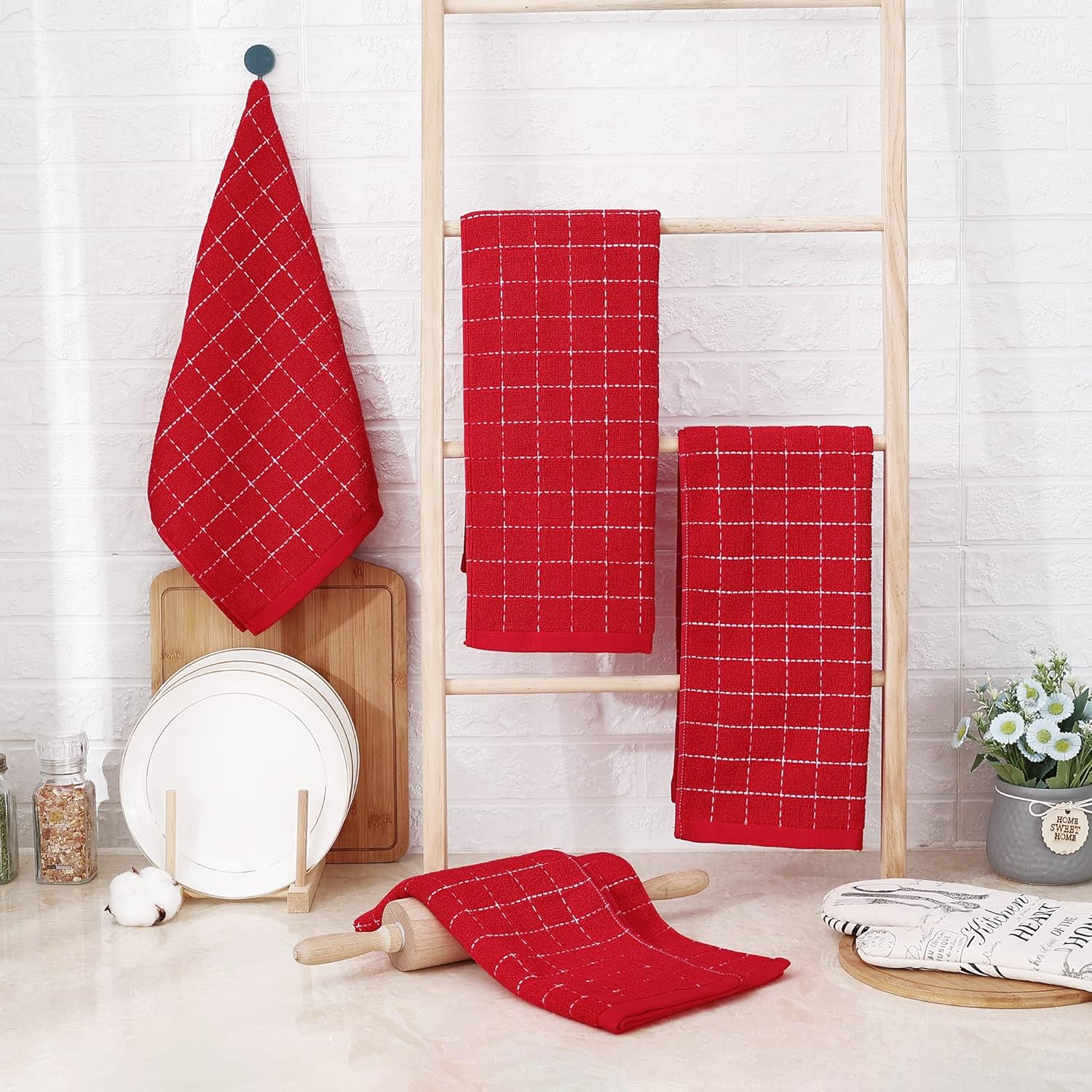 Homaxy 100% Cotton Terry Kitchen Towels(Red, 13 x 28 inches), Checkered Designed, Soft and Super