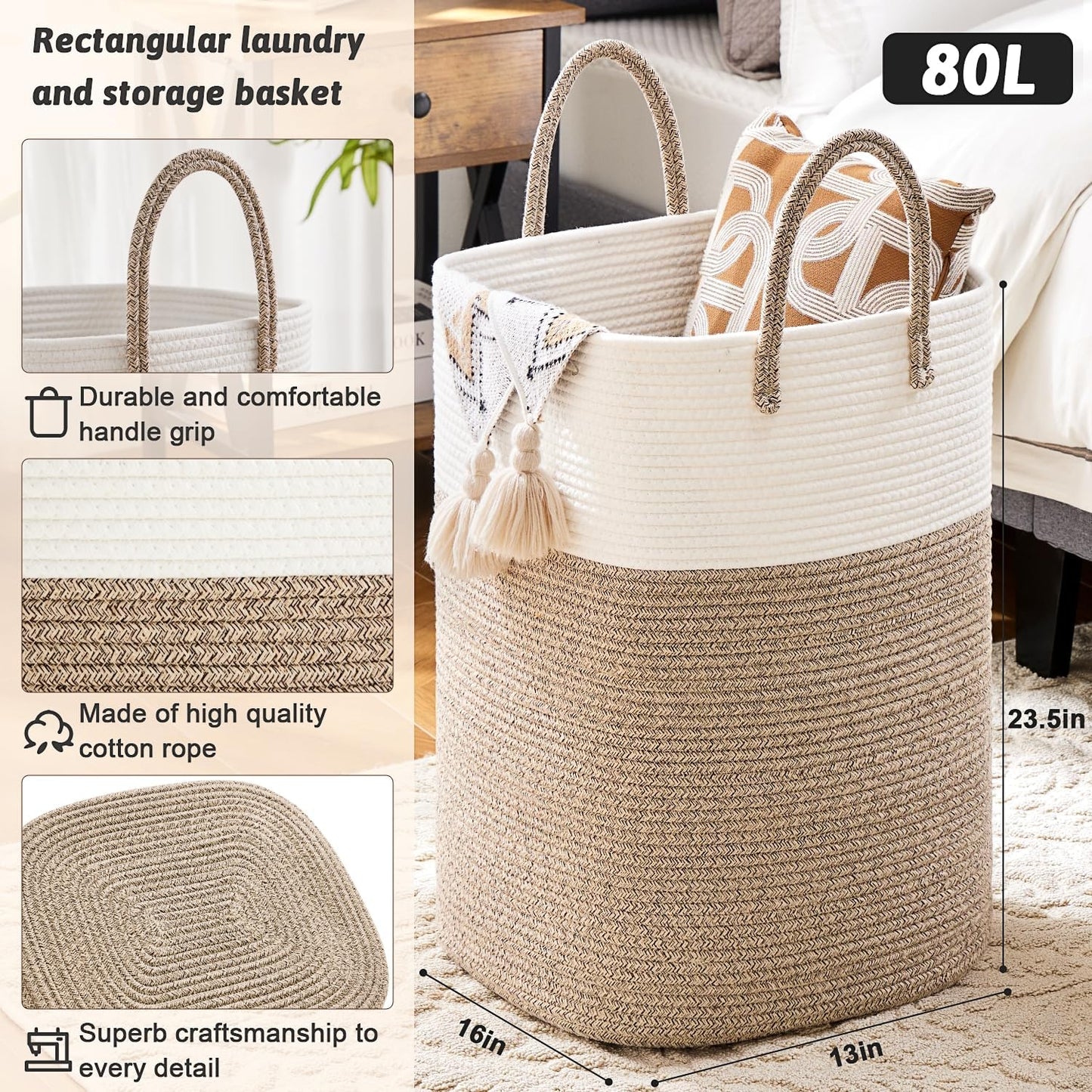Laundry Basket,Woven Cotton Rope Laundry Hamper,Versatile Storage for Dirty Clothes,Baby Toys,and