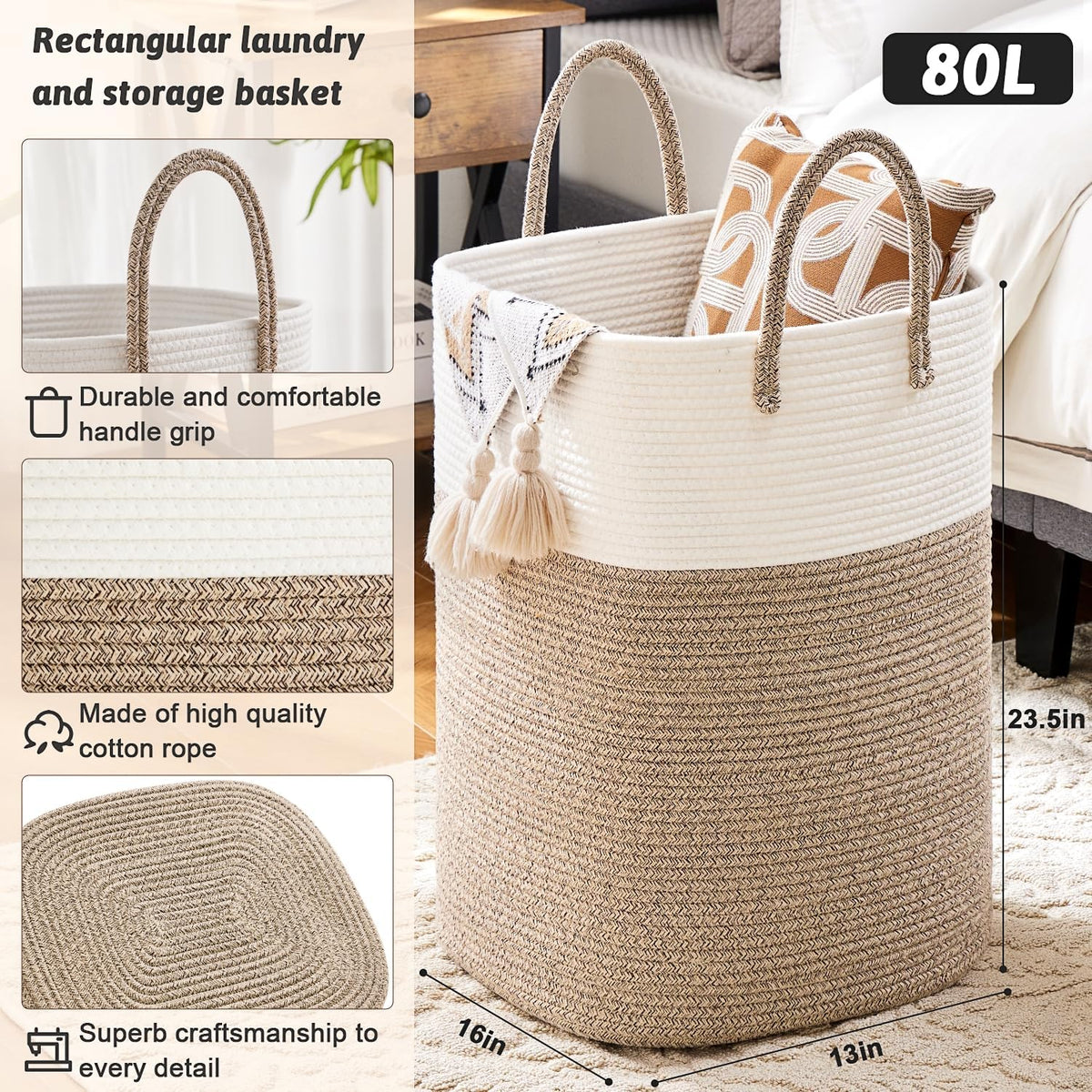 Laundry Basket,Woven Cotton Rope Laundry Hamper,Versatile Storage for Dirty Clothes,Baby Toys,and