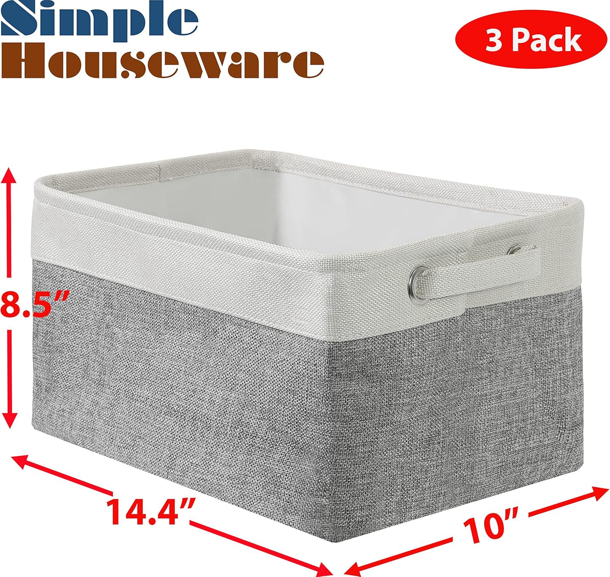 SIMPLE HOUSEWARE Large Fabric Storage Bin, 14.4" x 10" with Handles, 3-Pack, Foldable Organizer for
