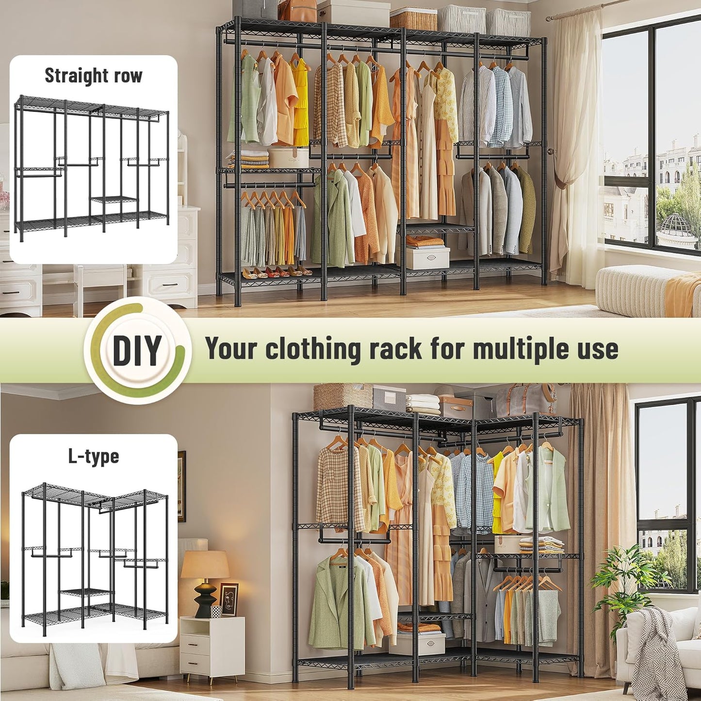 Raybee Heavy Duty Clothes Rack for Hanging Clothes,Clothing Rack with Shelves, Adjustable,76" W x