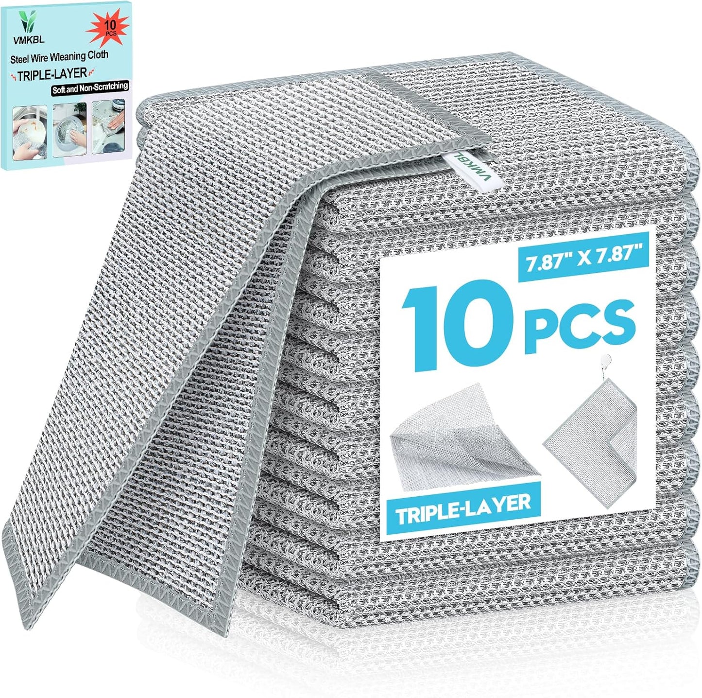 10 Pcs New Upgraded 3 Layers Non Scratch Wire Dishcloth, Multipurpose Wire Dishwashing Rags, Wet &