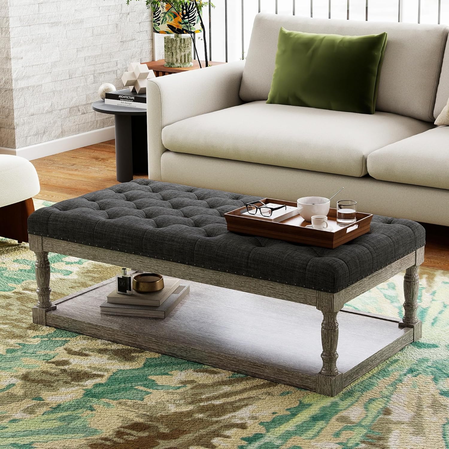 48" Large Ottoman with Storage Coffee Table, Upholstered Tufted Linen Ottoman Bench with Solid Wood