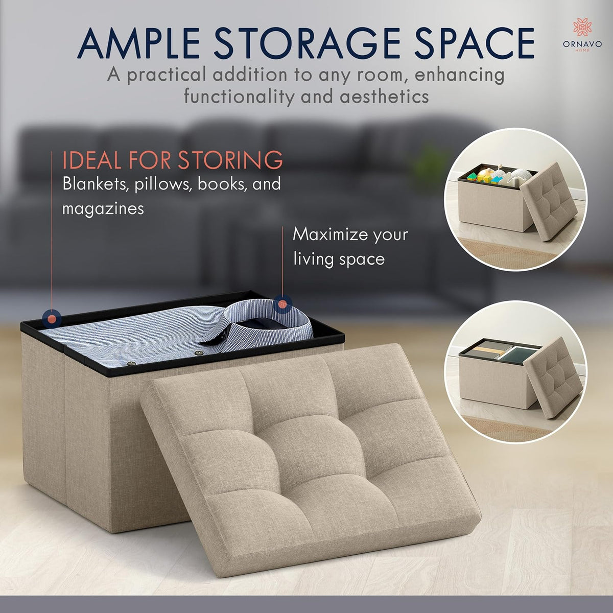 Ornavo Home Small Storage Ottoman, Set of 2, Foldable Collapsible Rectangle Linen Ottoman Foot Rest