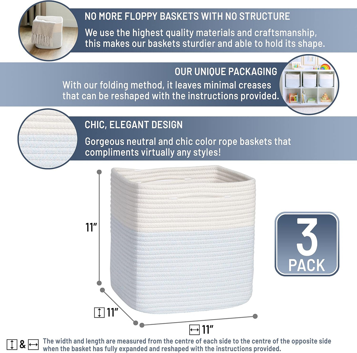 NaturalCozy Storage Cubes 11 Inch Cotton Rope Woven Baskets for Organizing, 3-Pack | Cube Storage